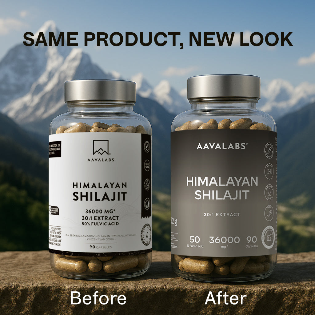 Close‑up of Shilajit bottle label showing 30:1 Himalayan extract, 50% fulvic acid, vegan and iodine‑free formulation – Shilajit Aavalabs