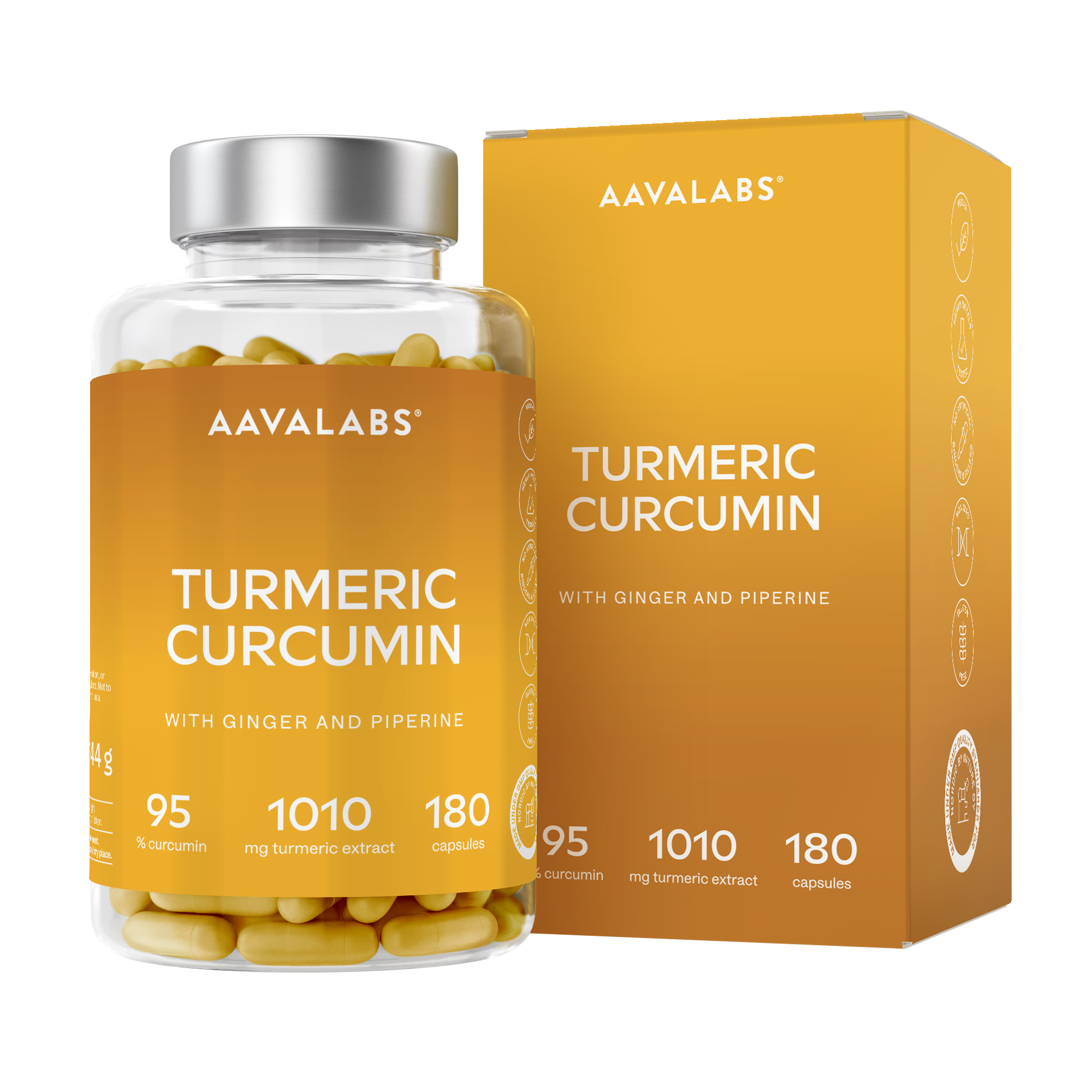 Supplement bottle with silver lid next to bright orange box packaging on pale background – Turmeric Curcumin Complex Aavalabs