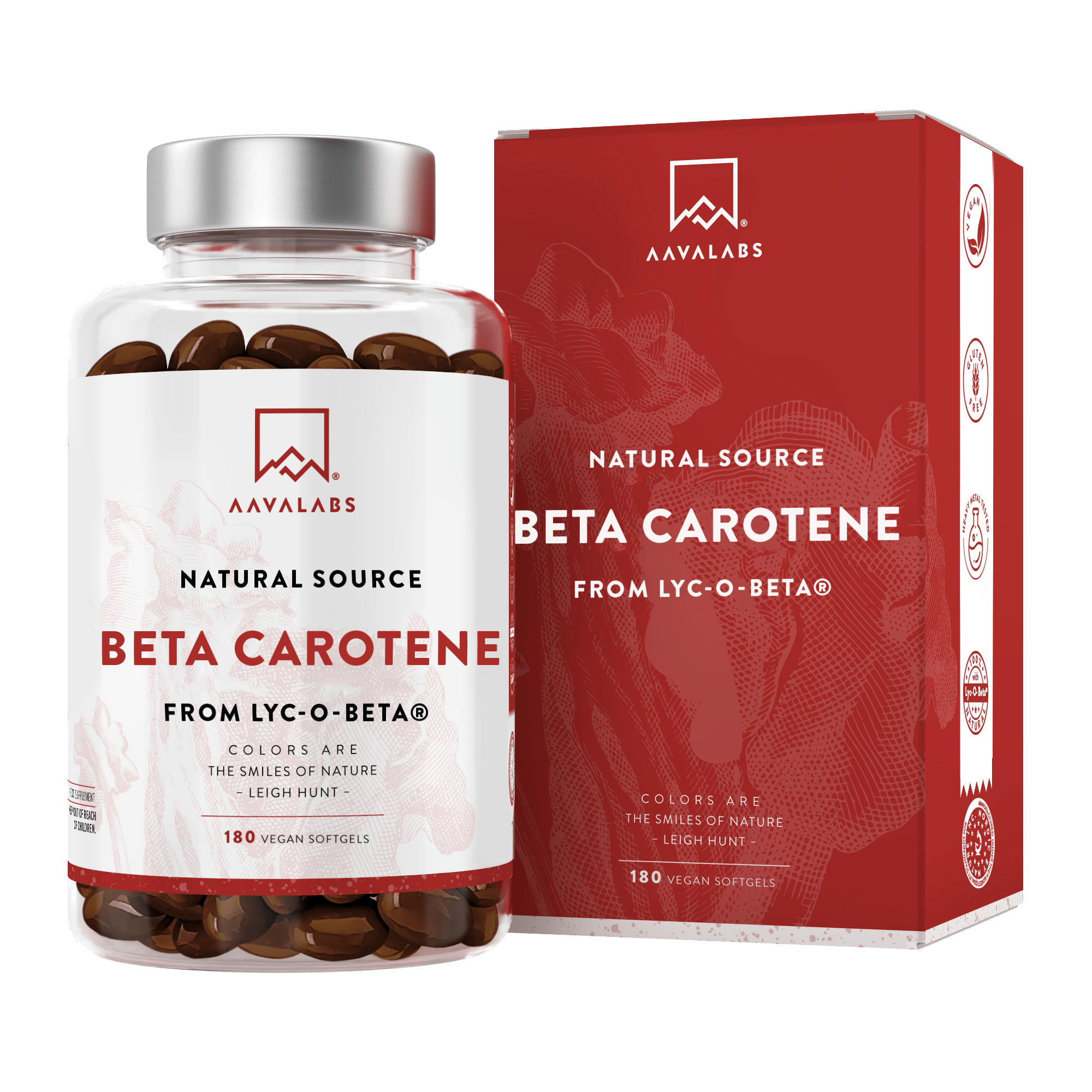 Beta Carotene with Lyc-O-Beta bottle and its red presentation box displayed side by side – Aavalabs