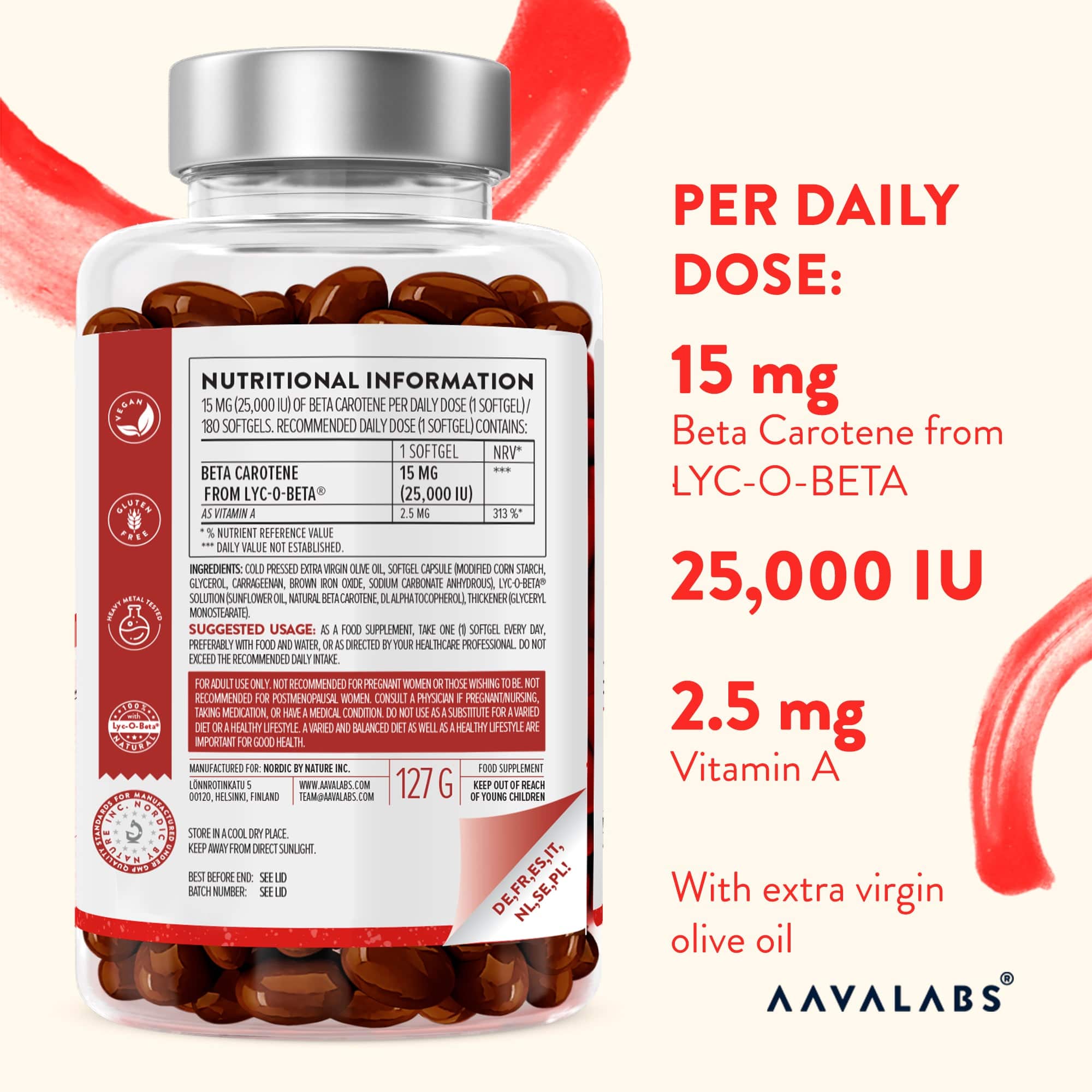Beta Carotene with Lyc-O-Beta softgel bottle viewed from the back, clearly showing the ingredient and dosage label – Aavalabs