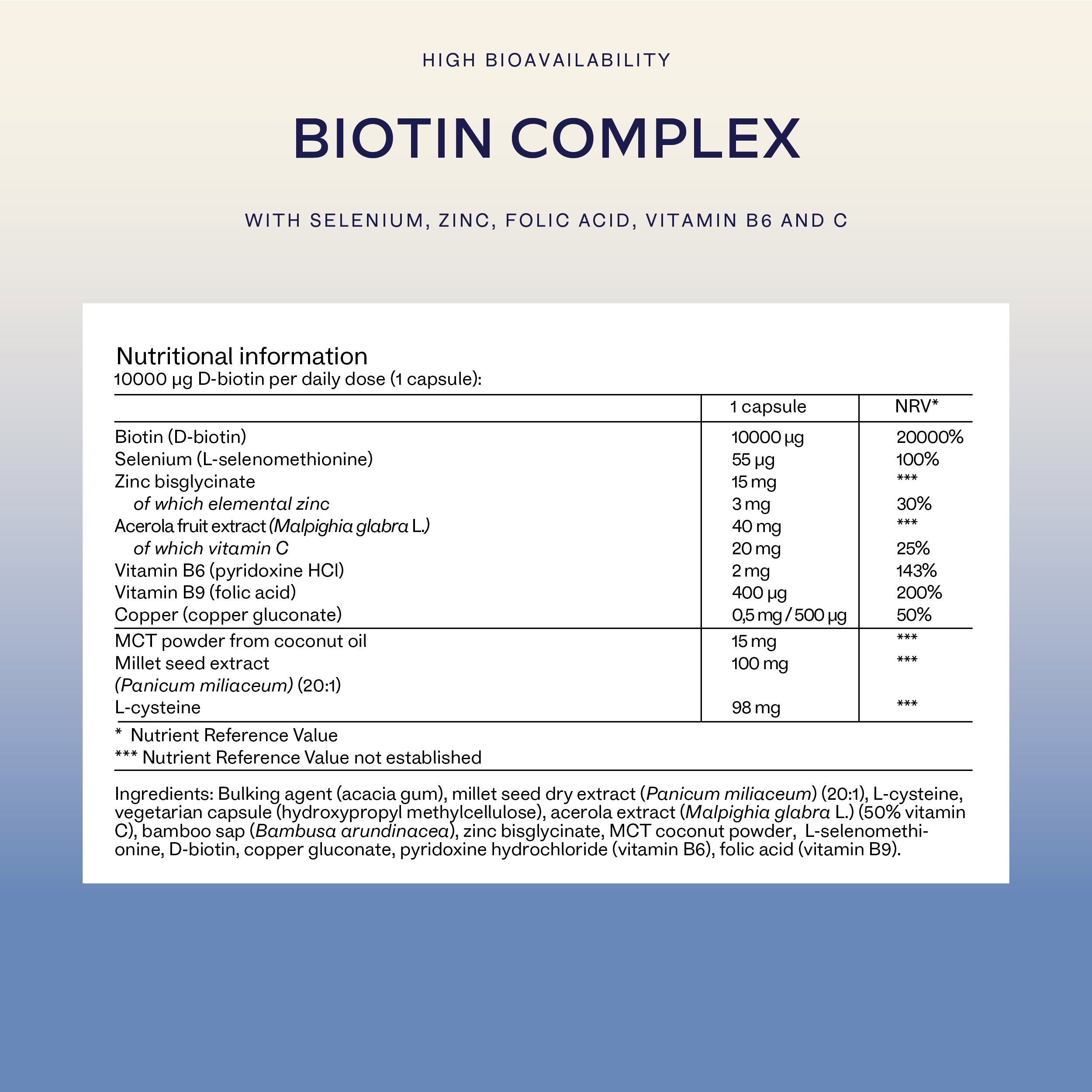 Biotin Complex capsule bottle shown from the front on a light background, highlighting the clean design and branding – Aavalabs