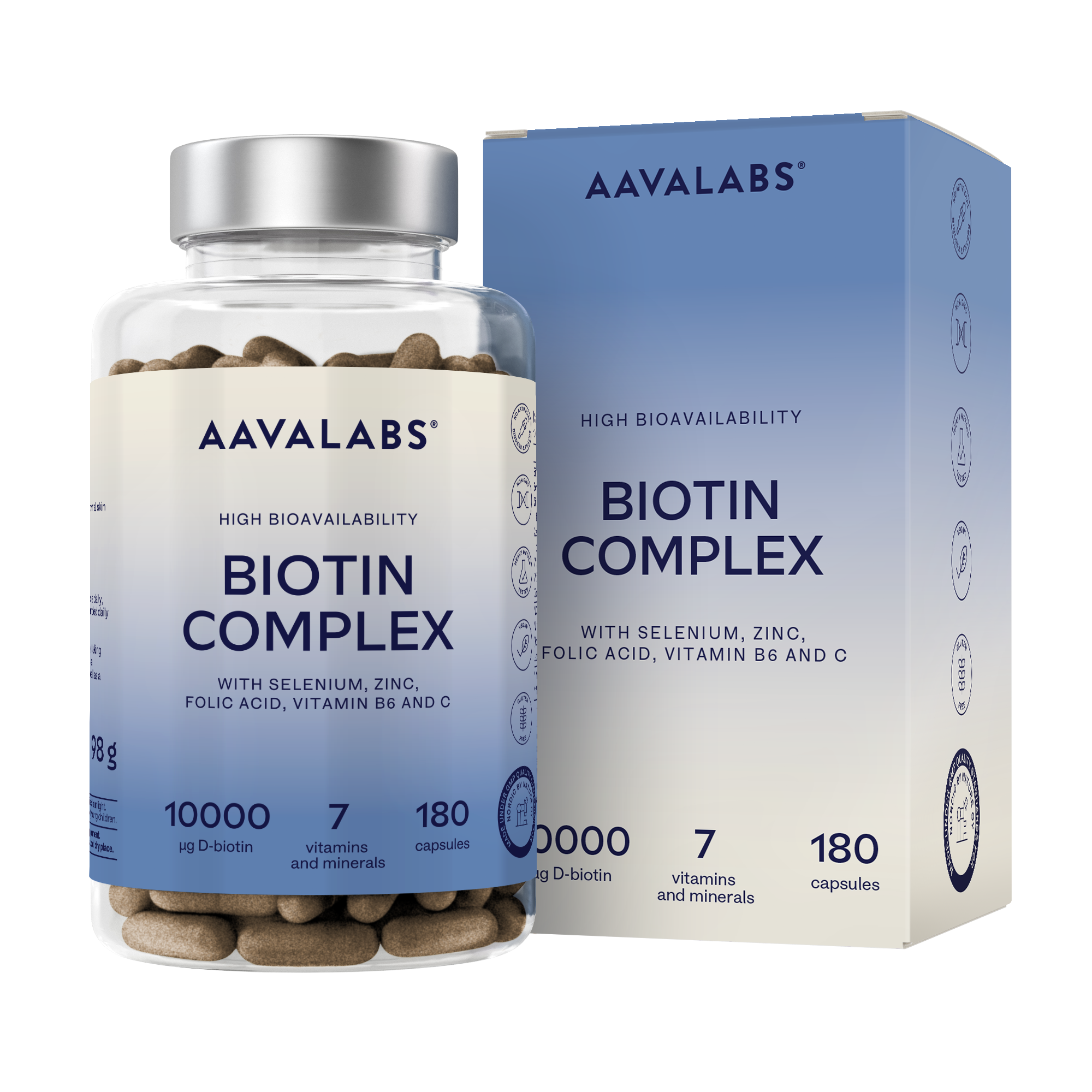 Biotin Complex bottle with silver lid placed next to its blue branded box, showing the front label clearly – Aavalabs