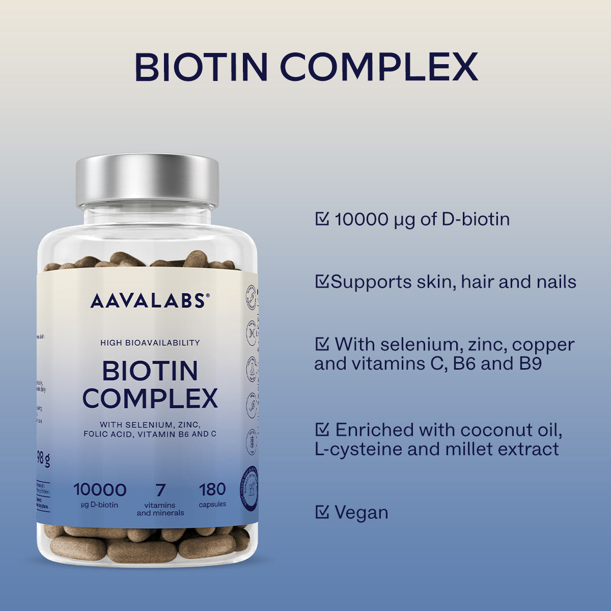 Biotin Complex bottle turned to the back, displaying the detailed supplement facts and ingredients label – Aavalabs