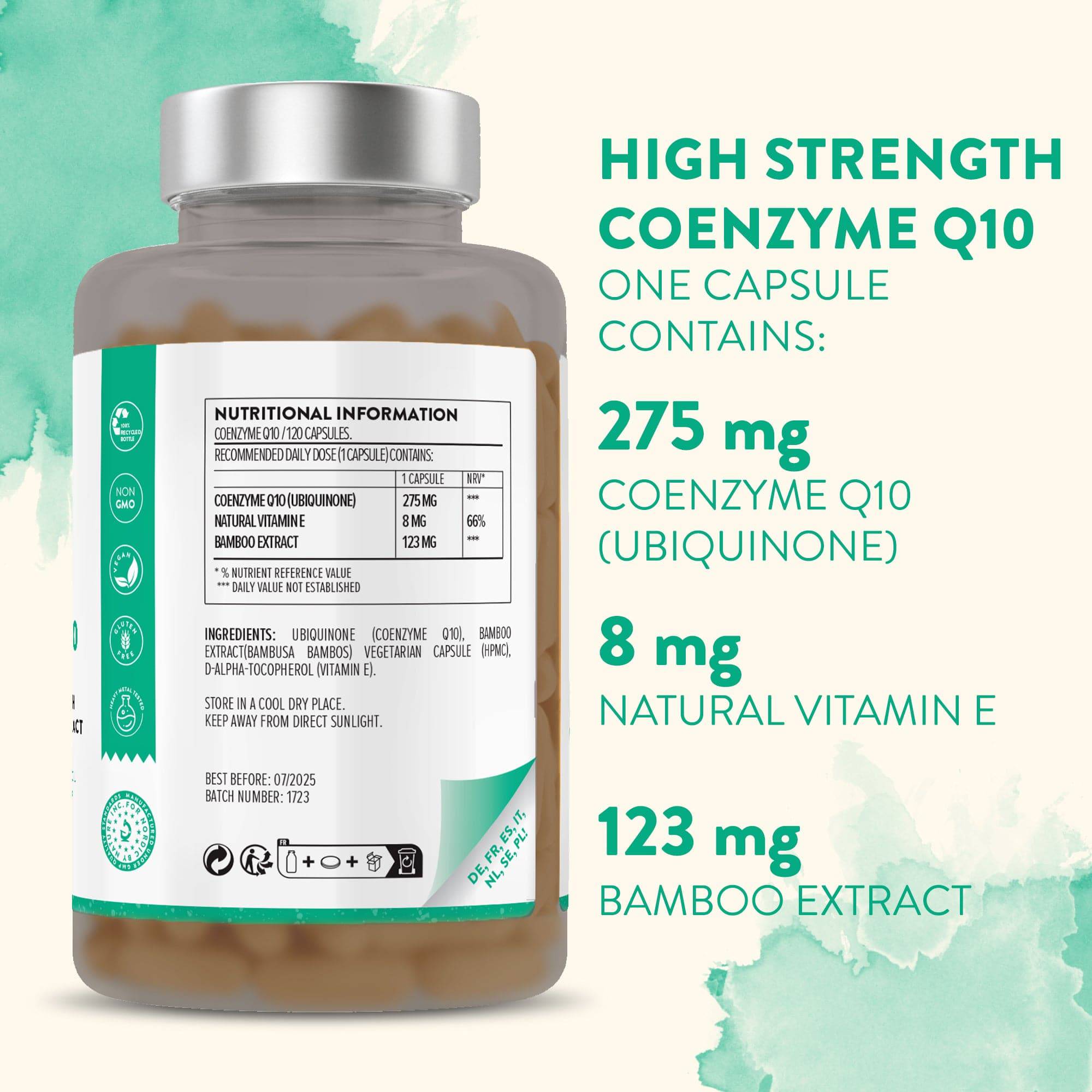 Coenzyme Q10 bottle turned to the back, showing the detailed supplement facts and ingredients label – Aavalabs
