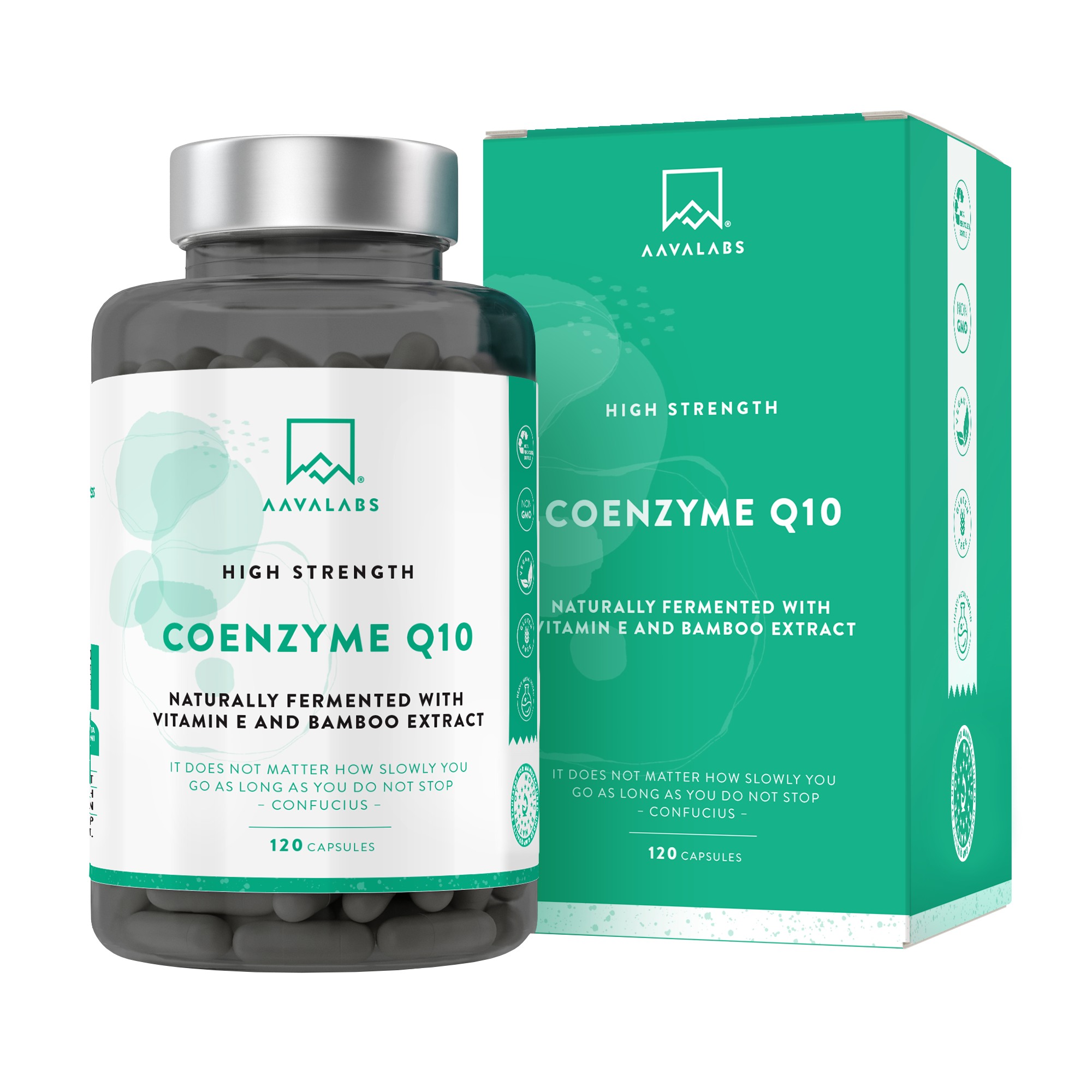 Coenzyme Q10 bottle with silver lid placed beside its matching green box displaying front label – Aavalabs