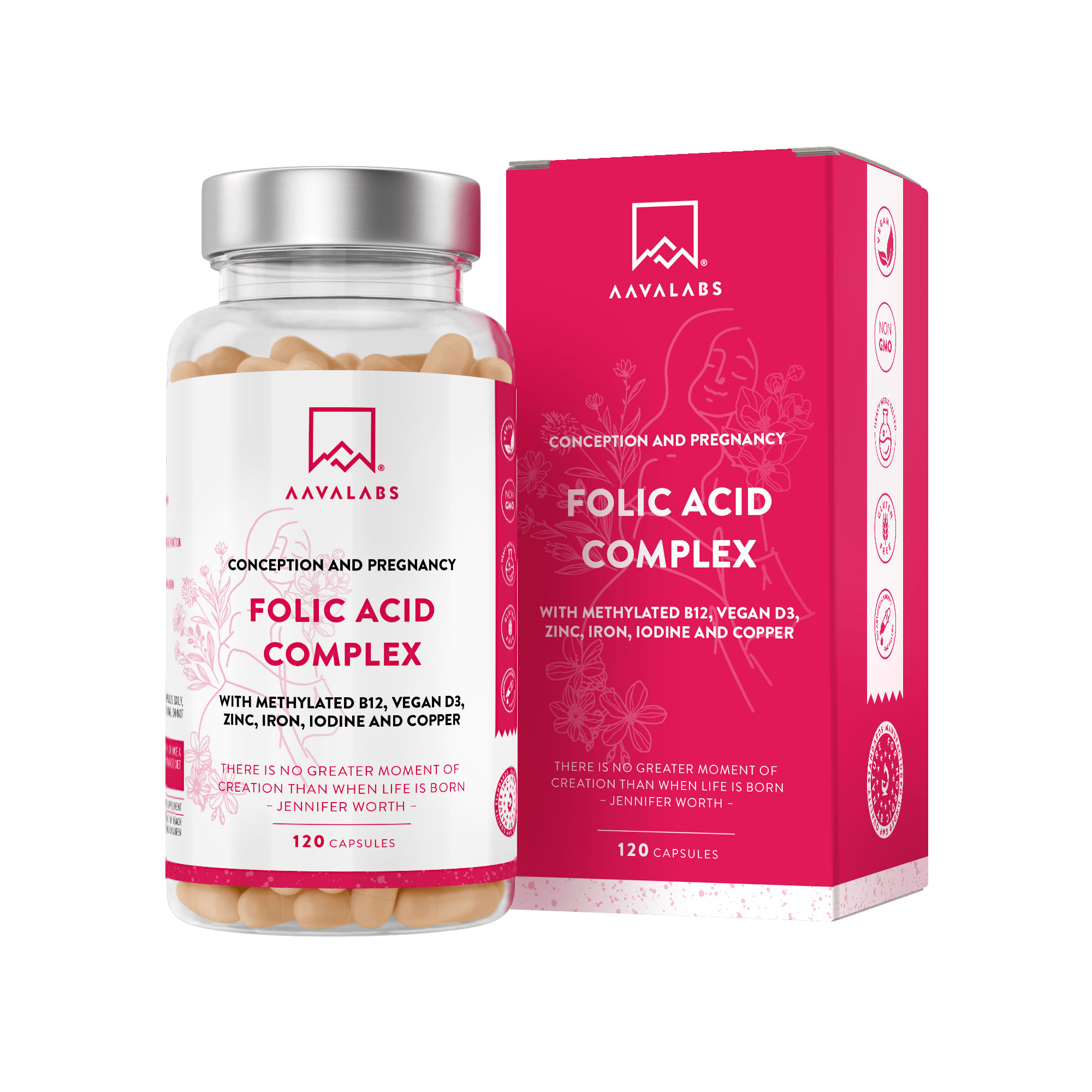 Folic Acid Complex bottle with a silver lid placed beside its vibrant red branded box, showing the front label and product name clearly – Aavalabs
