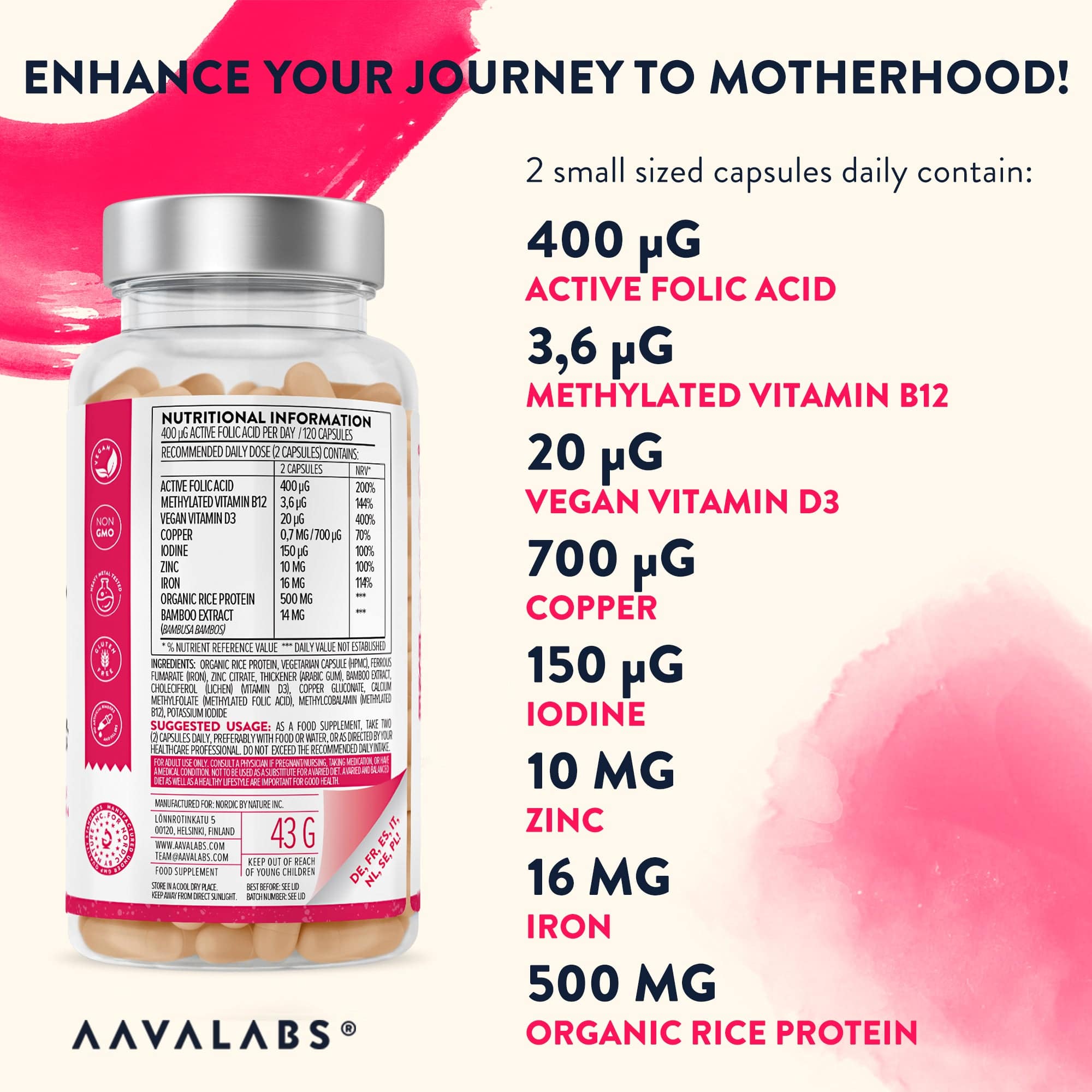 Folic Acid Complex close-up of the back label, showcasing the nutritional facts including 5‑MTHF folate, methylcobalamin B12, iron, vitamin D3 and minerals – Aavalabs