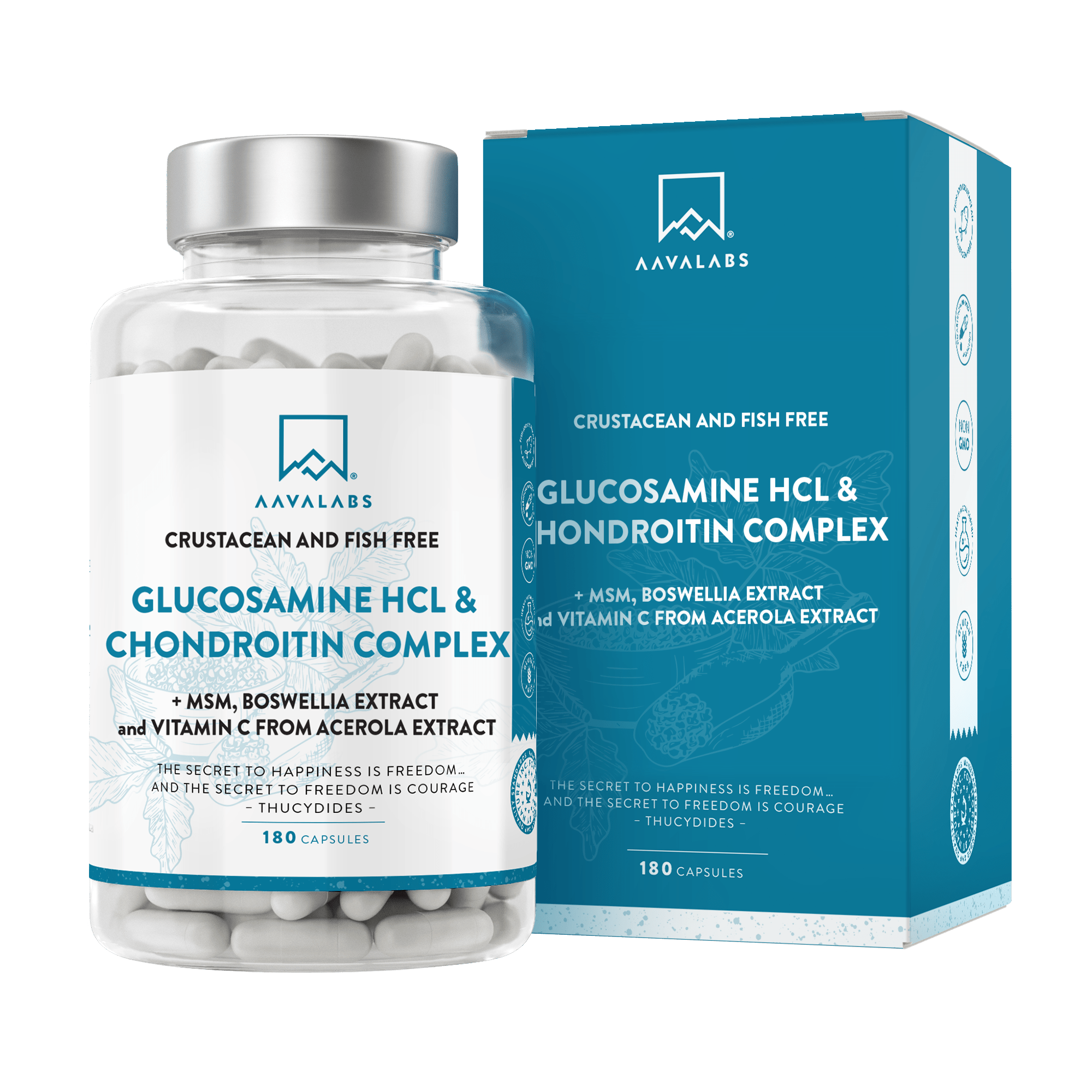 Supplement bottle with silver lid next to teal box packaging featuring product branding – Glucosamine HCl & Chondroitin Complex Aavalabs