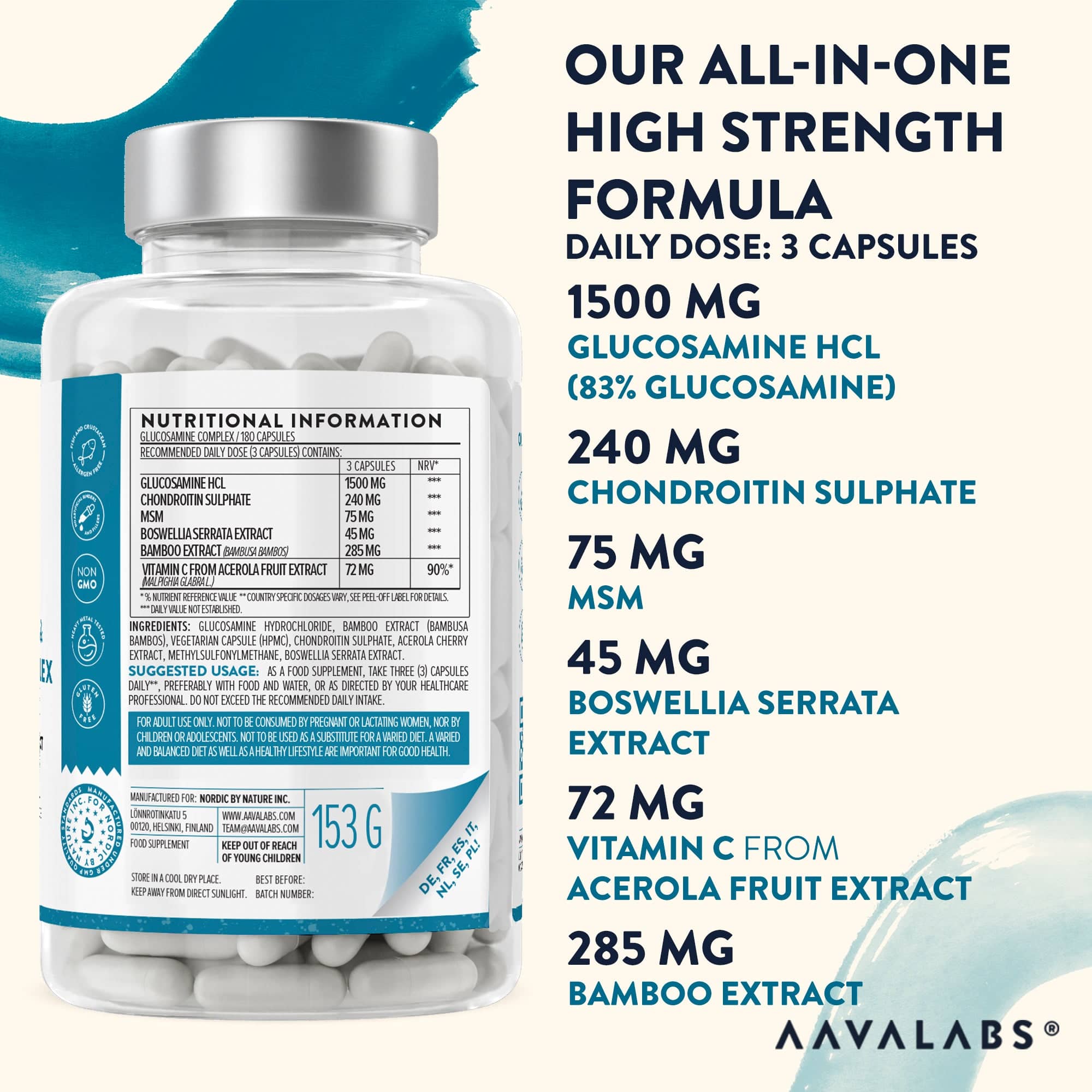 Close‑up of supplement bottle with annotated ingredients and joint support benefits overlay – Glucosamine HCl & Chondroitin Complex Aavalabs