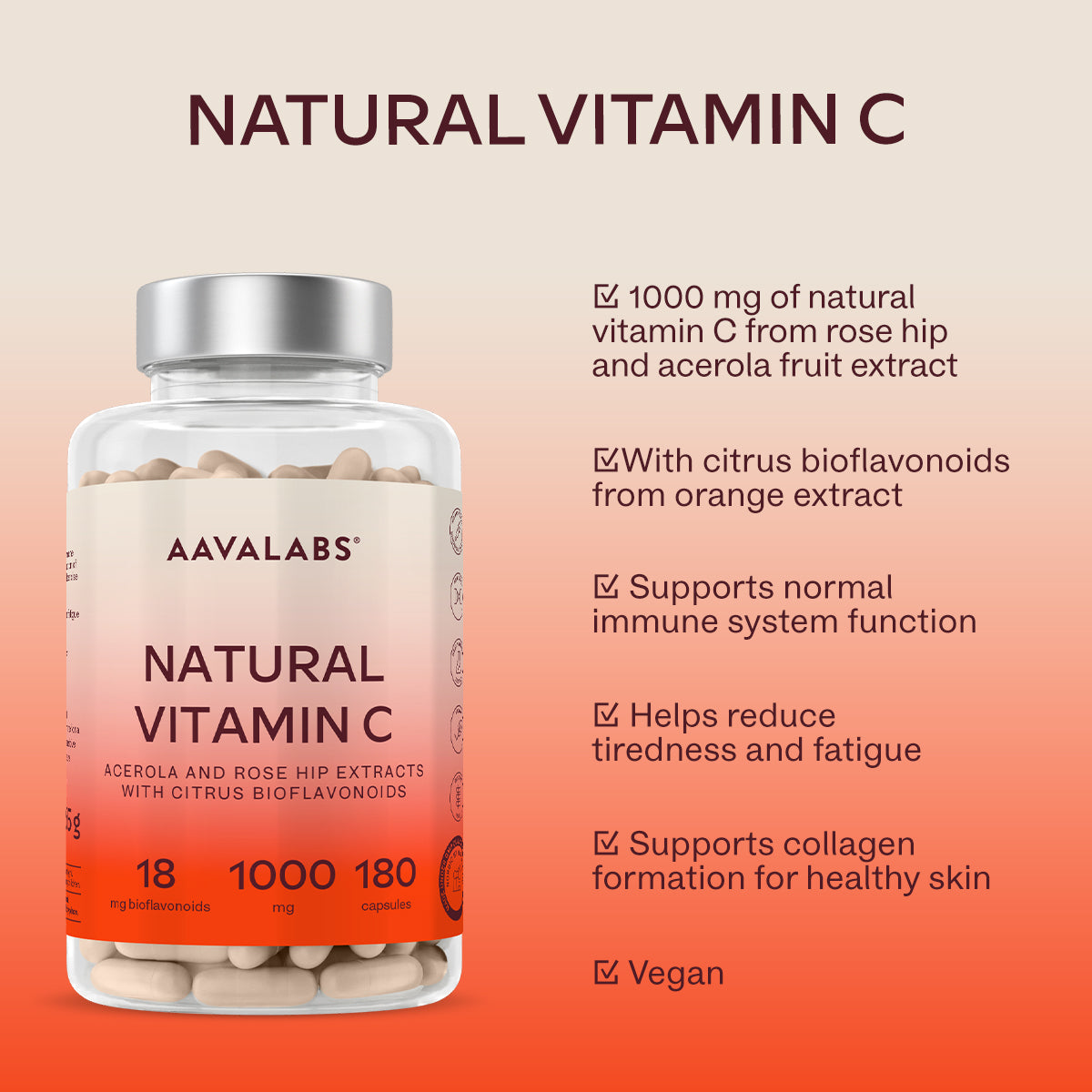 Nutritional information chart for Aavalabs Natural Vitamin C showing ingredients and dosage details