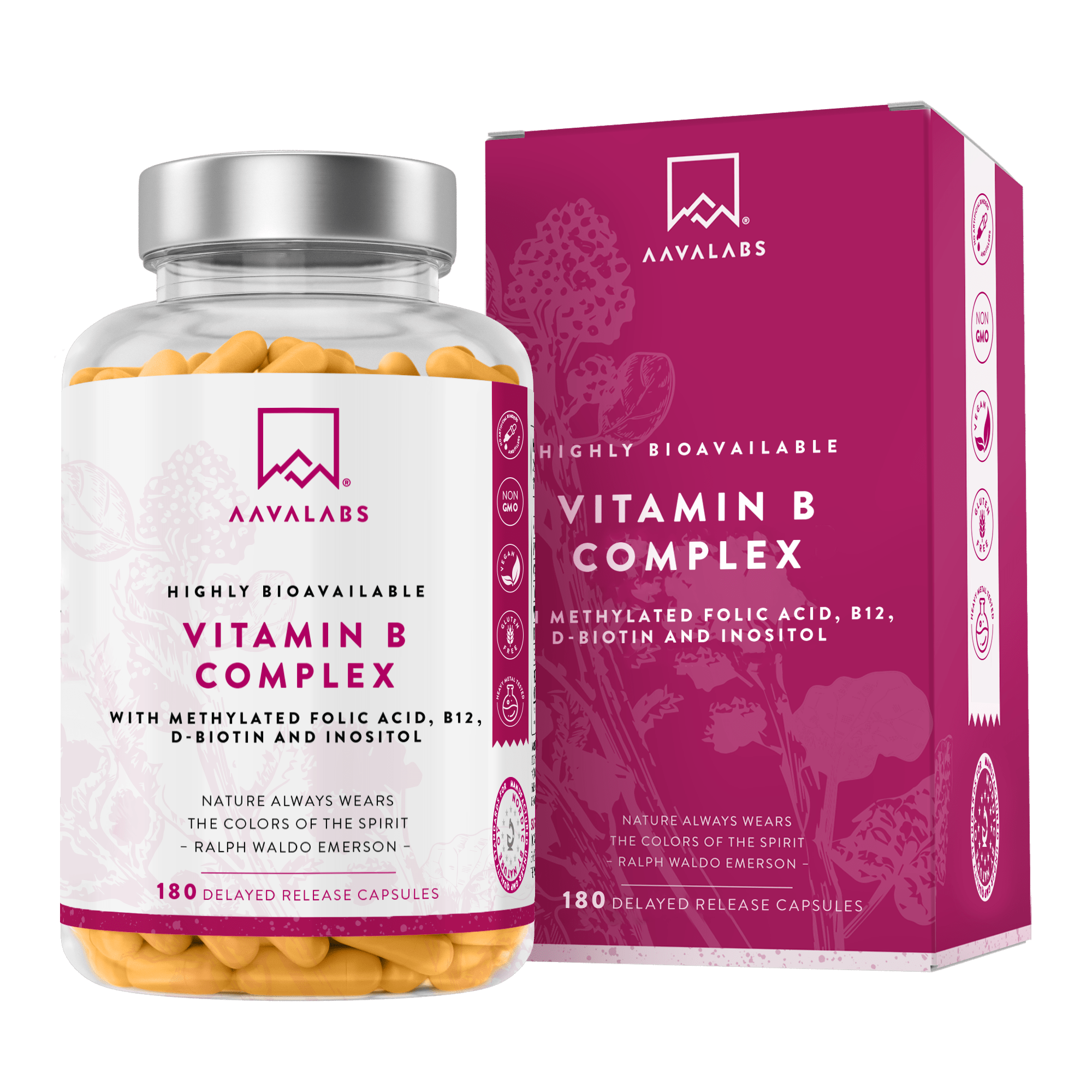 Capsule bottle with silver lid beside pink box packaging on pale background – Strong Vitamin B Complex Aavalabs