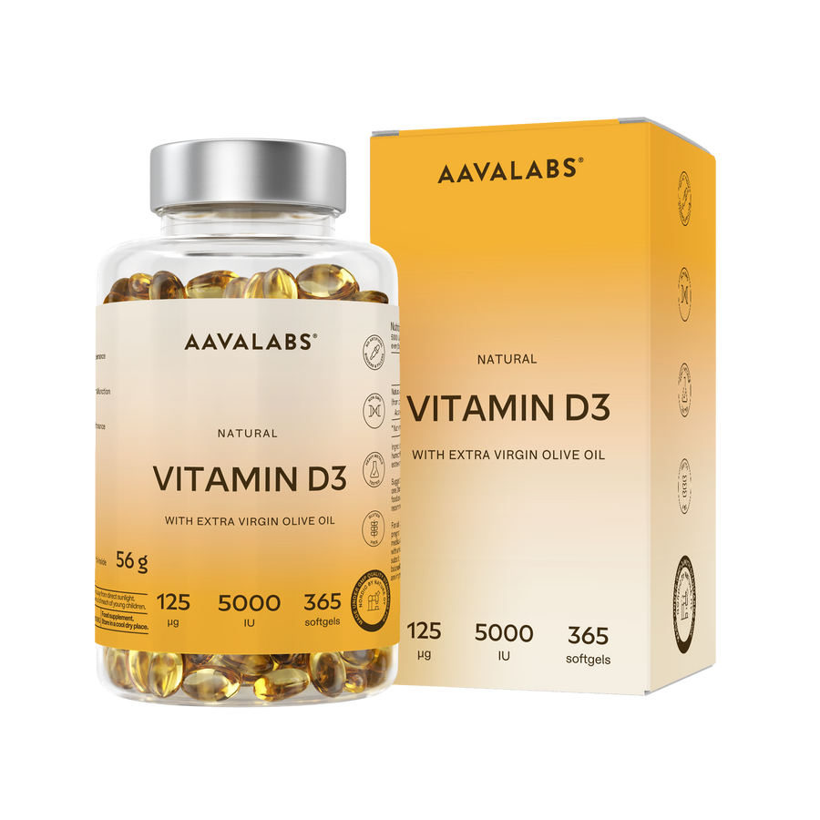 AAVALABS Vitamin D3 5000IU bottle with white and orange label, showing capsules and supplement branding.