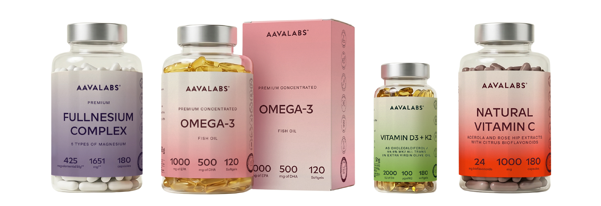 Four supplement bottles and a pink box from Aavalabs arranged on a white background. The products include Fullnessum Complex, Omega-3 (fish oil), Omega-3, and Natural Vitamin C, each in a clear bottle with a silver cap and a color-coded label.
