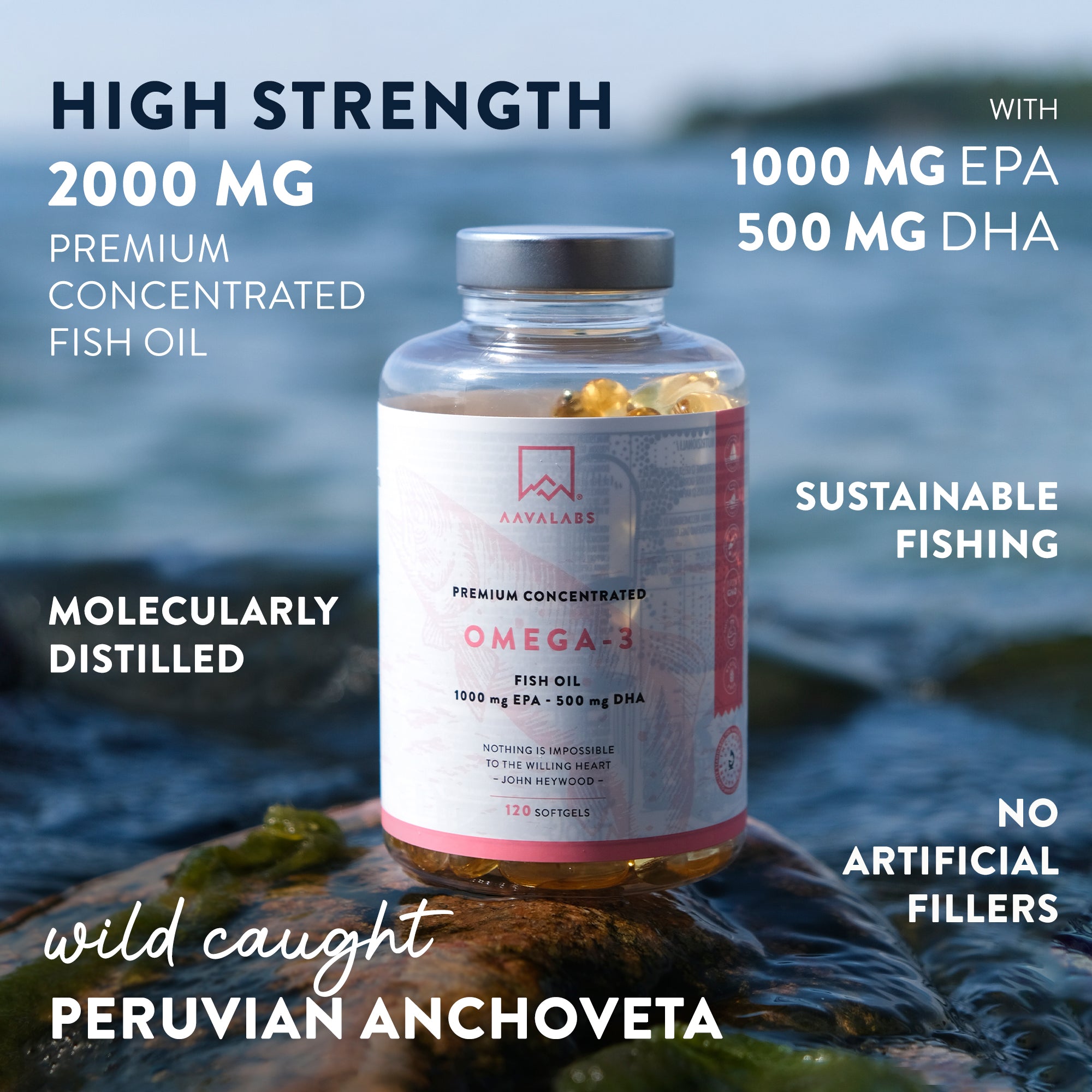 AAVALABS Omega-3 supplement bottle with text highlighting 2000 mg fish oil - AAVALABS