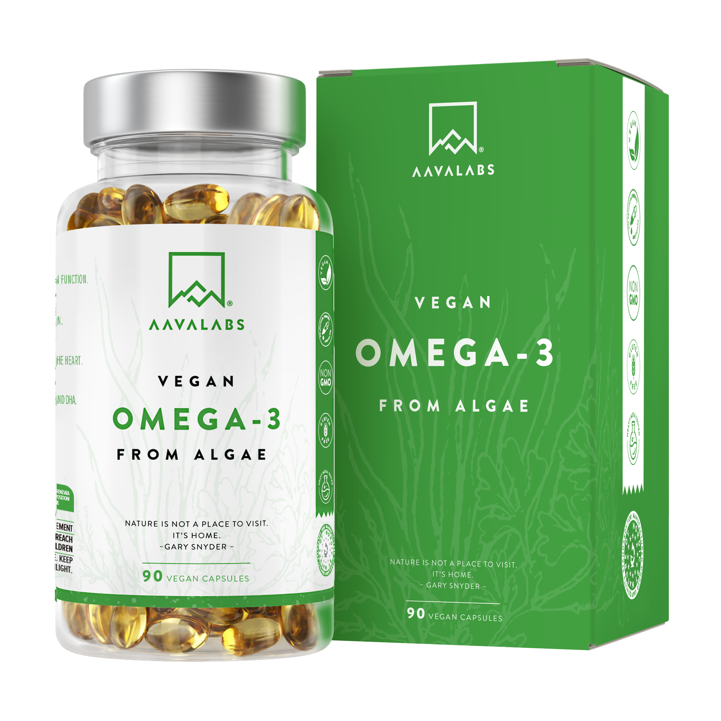 Vegan omega 3 supplement bottle and box from AAVALABS