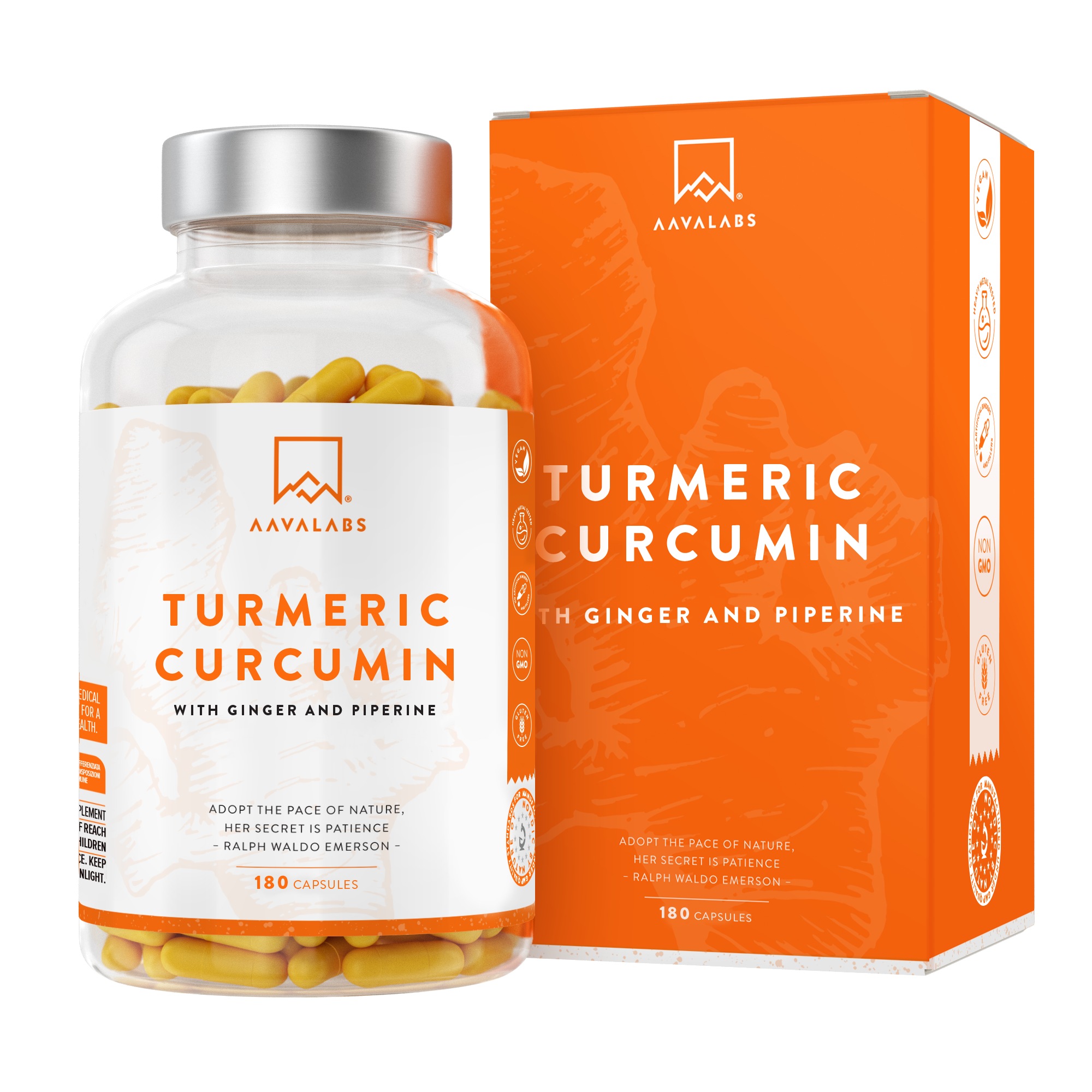 Single bottle of AAVALABS Turmeric Curcumin with 180 capsules, paired with an orange box showcasing the product packaging