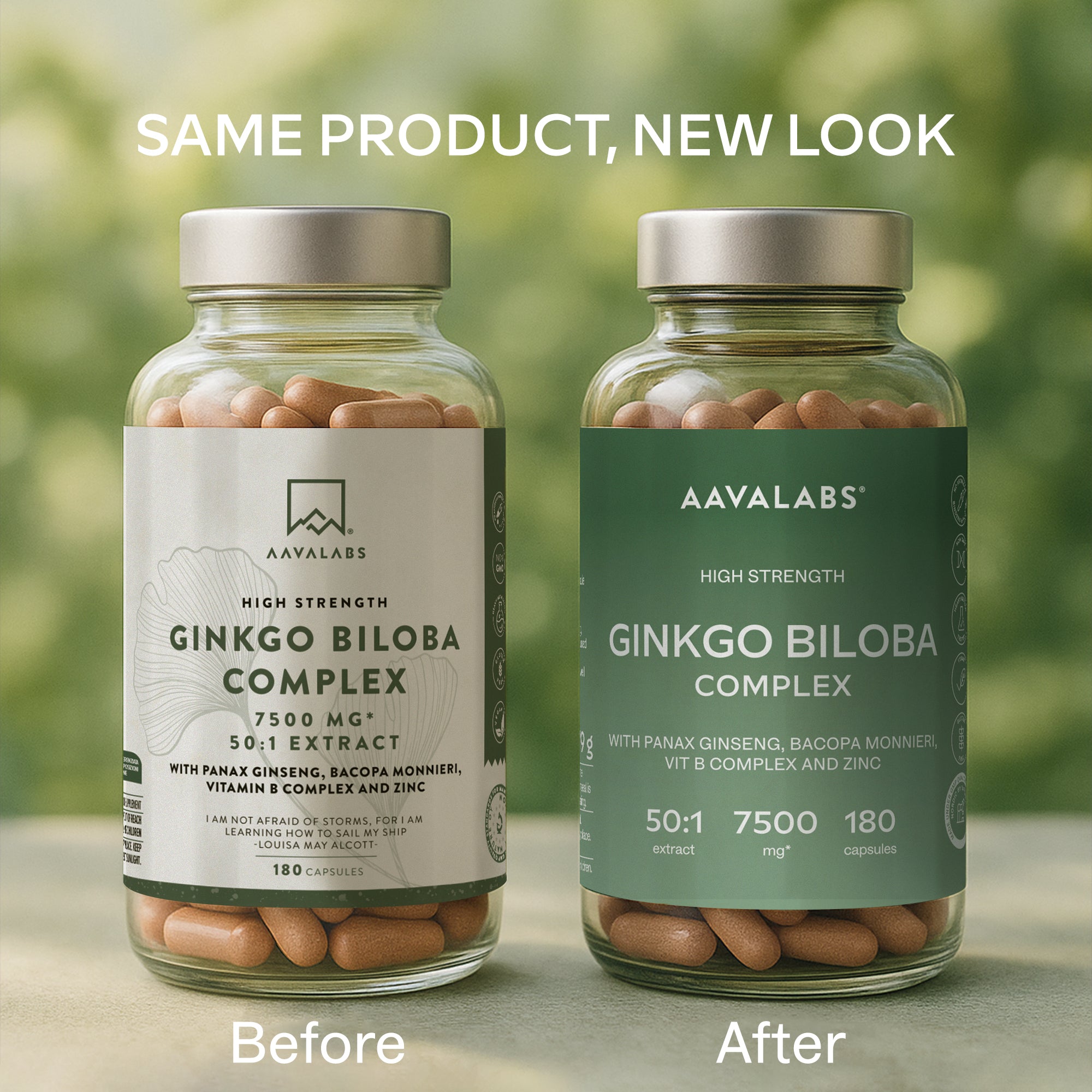 Two Aavalabs Ginkgo Biloba supplement bottles side by side showing the old and new packaging design