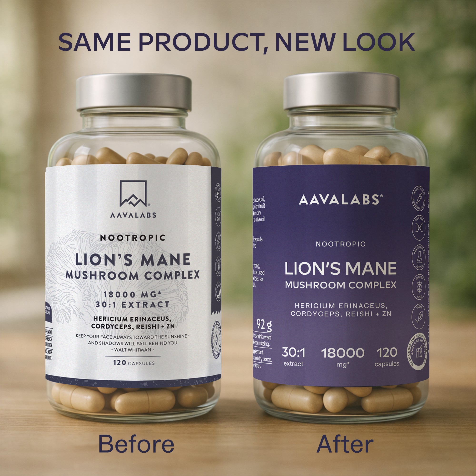 Energy Supplements – Aavalabs Lion’s Mane before and after packaging