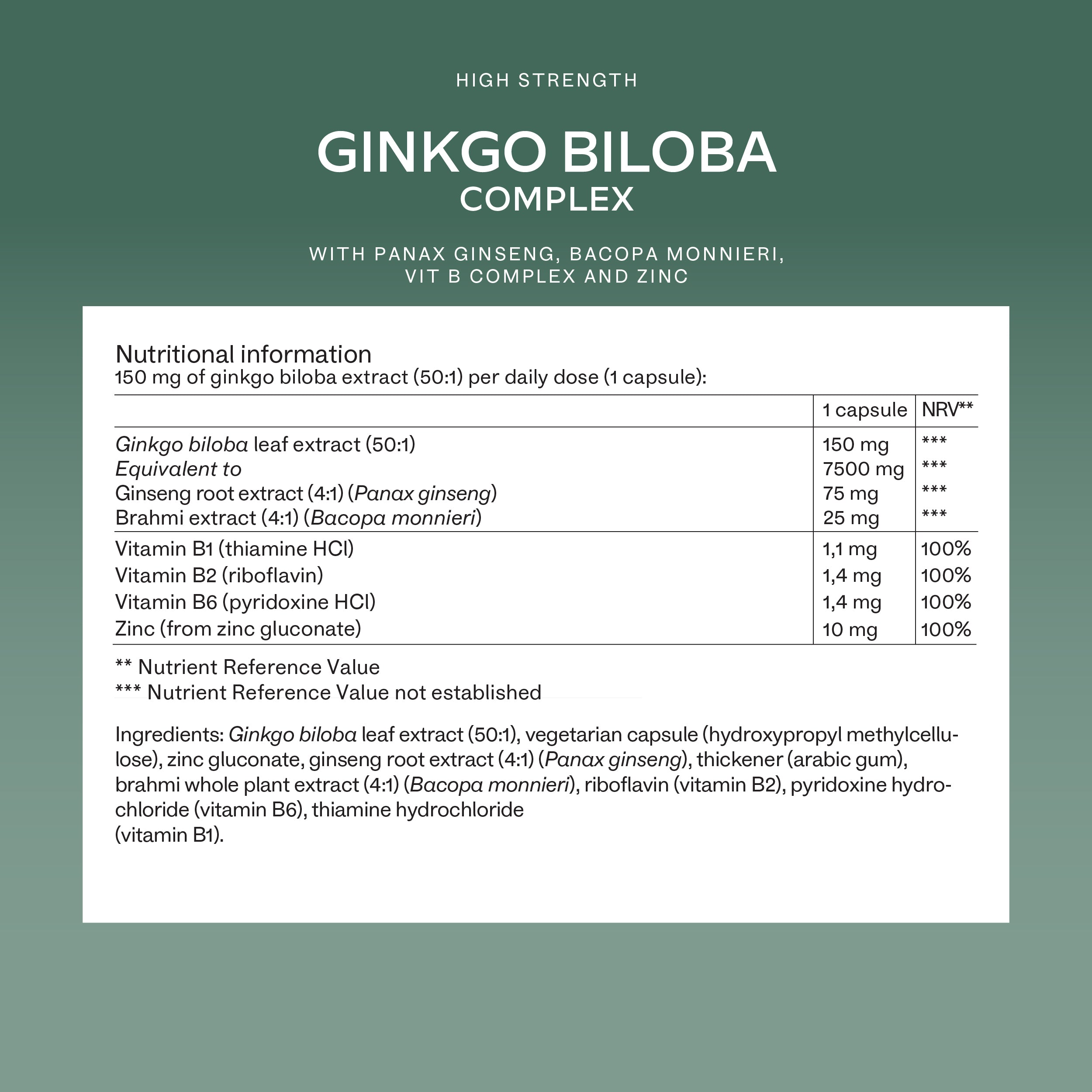Back label of a Ginkgo Biloba supplement displaying nutritional information and ingredients