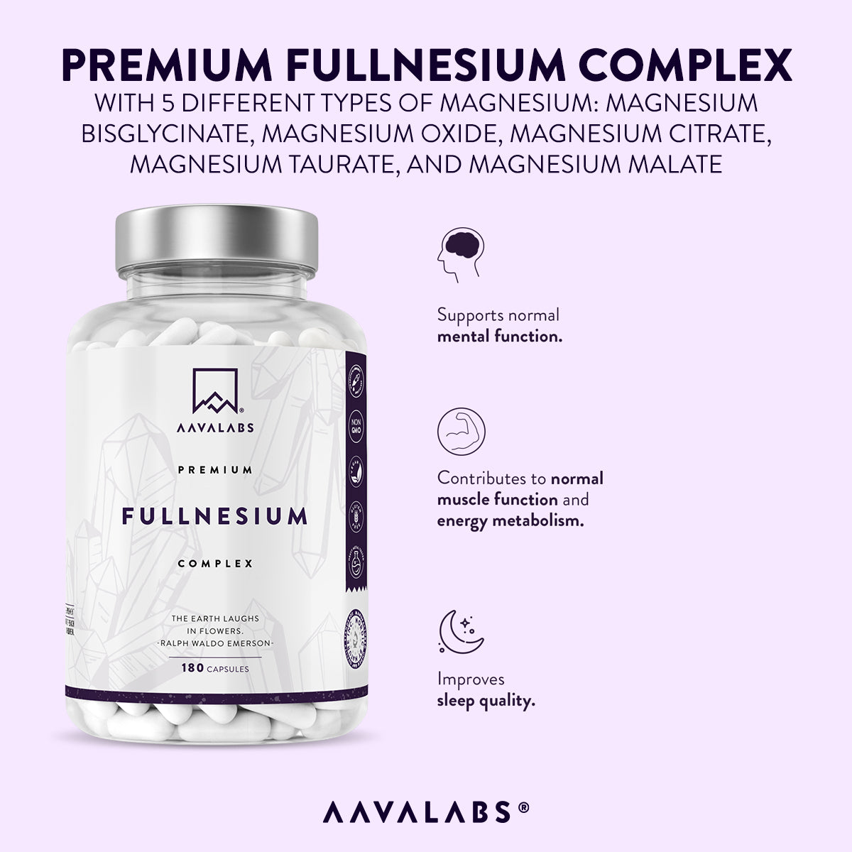 A bottle of AAVALABS Premium Fullnesium Complex with product benefits listed.