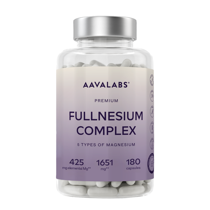 A clear supplement bottle of Aavalabs Fullnesium Complex with a silver cap and a lavender gradient label, containing 180 white capsules.