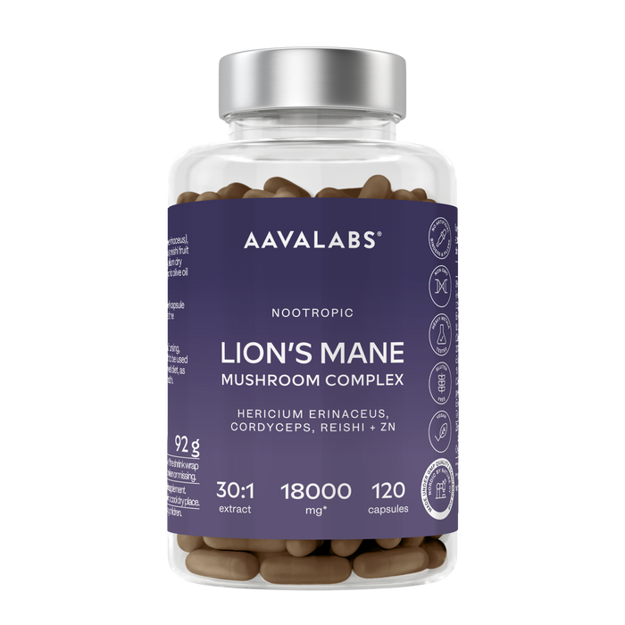 A clear supplement bottle filled with brown capsules, featuring a dark purple label with white text. The brand AAVALABS is clearly visible at the top of the label.