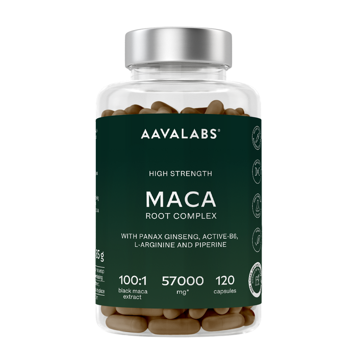 A clear supplement bottle filled with brown capsules, featuring a dark green label and a silver cap. The label reads 'AAVALABS HIGH STRENGTH MACA ROOT COMPLEX'.