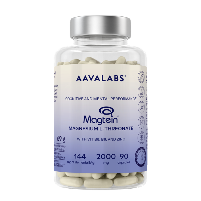 A clear supplement bottle of AAVALABS Magtein Magnesium L-Threonate capsules with a silver cap and a cream-to-lavender label, shown on a plain white background.