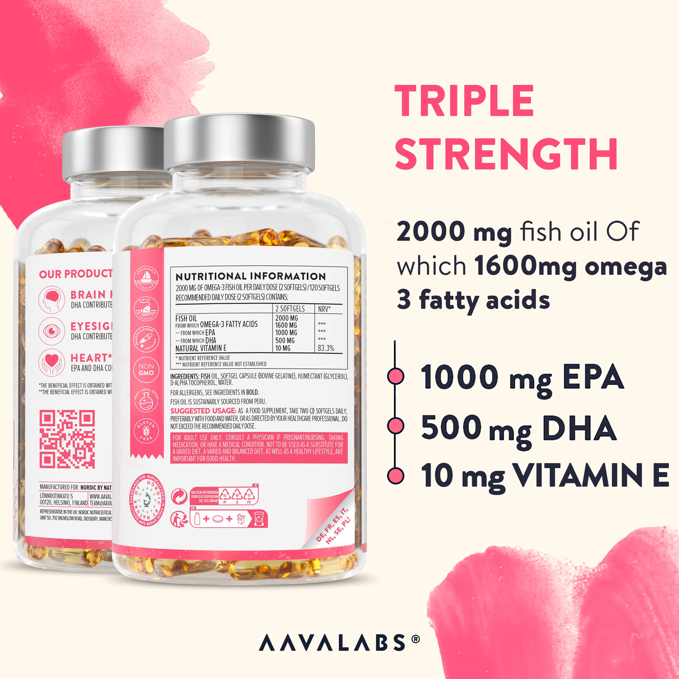 Triple-strength Omega-3 supplement with 2000 mg fish oil, 1000 mg EPA, 500 mg DHA - AAVALABS