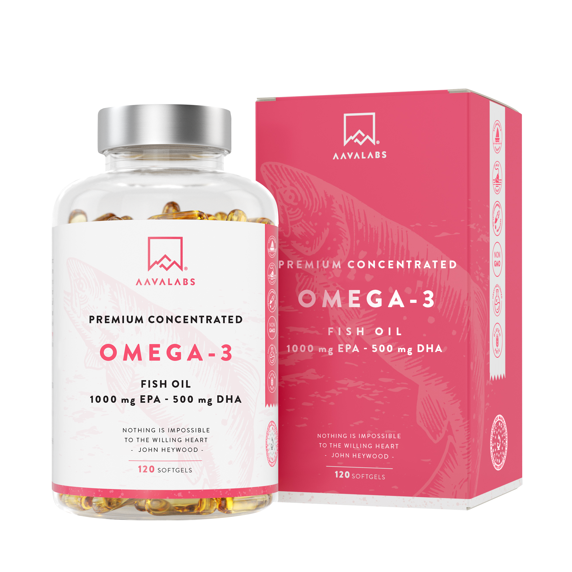 Omega-3 Fish Oil bottle and box - AAVALABS