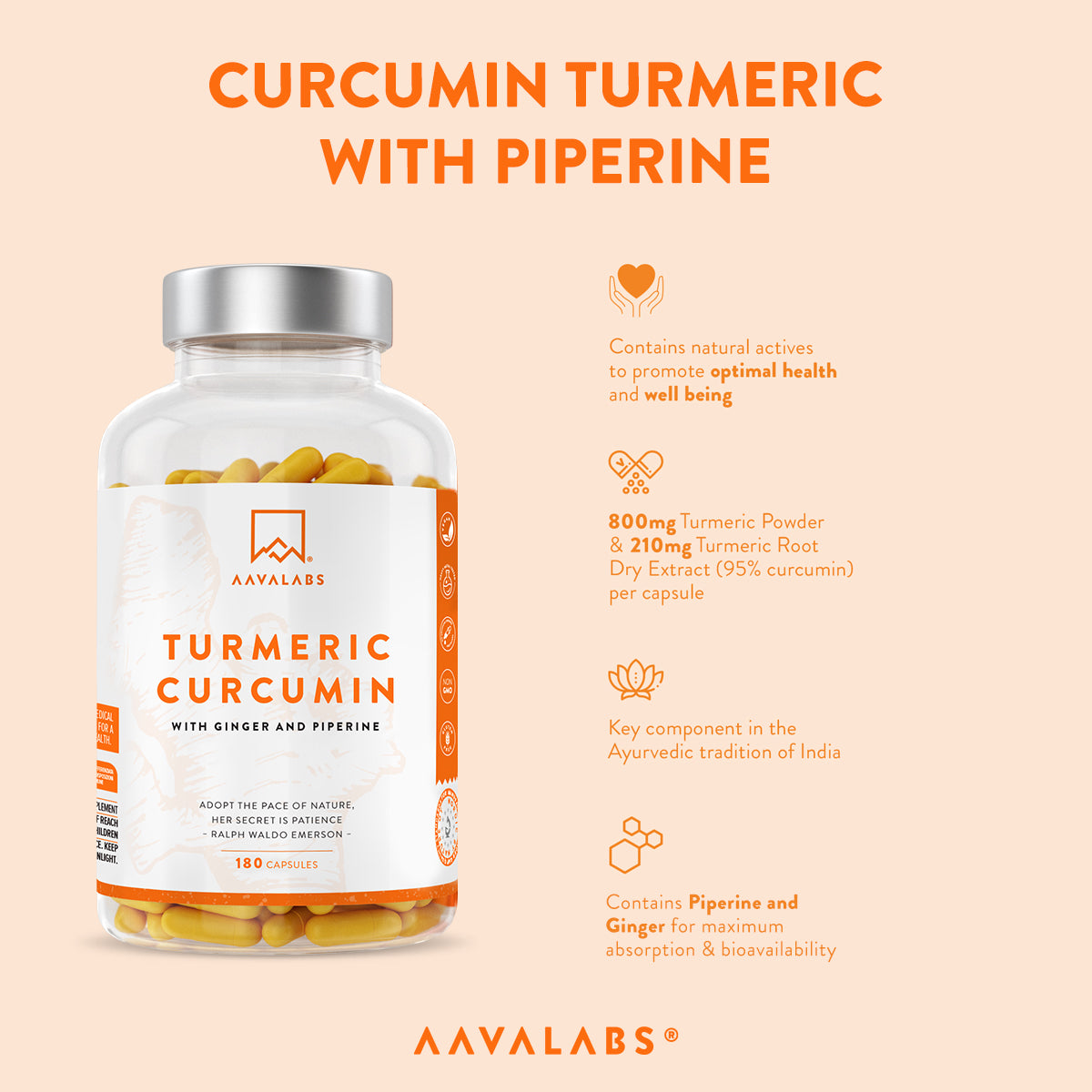 Detailed nutritional information of AAVALABS Turmeric Curcumin, highlighting turmeric root powder, curcumin extract, and black pepper for optimal potency.