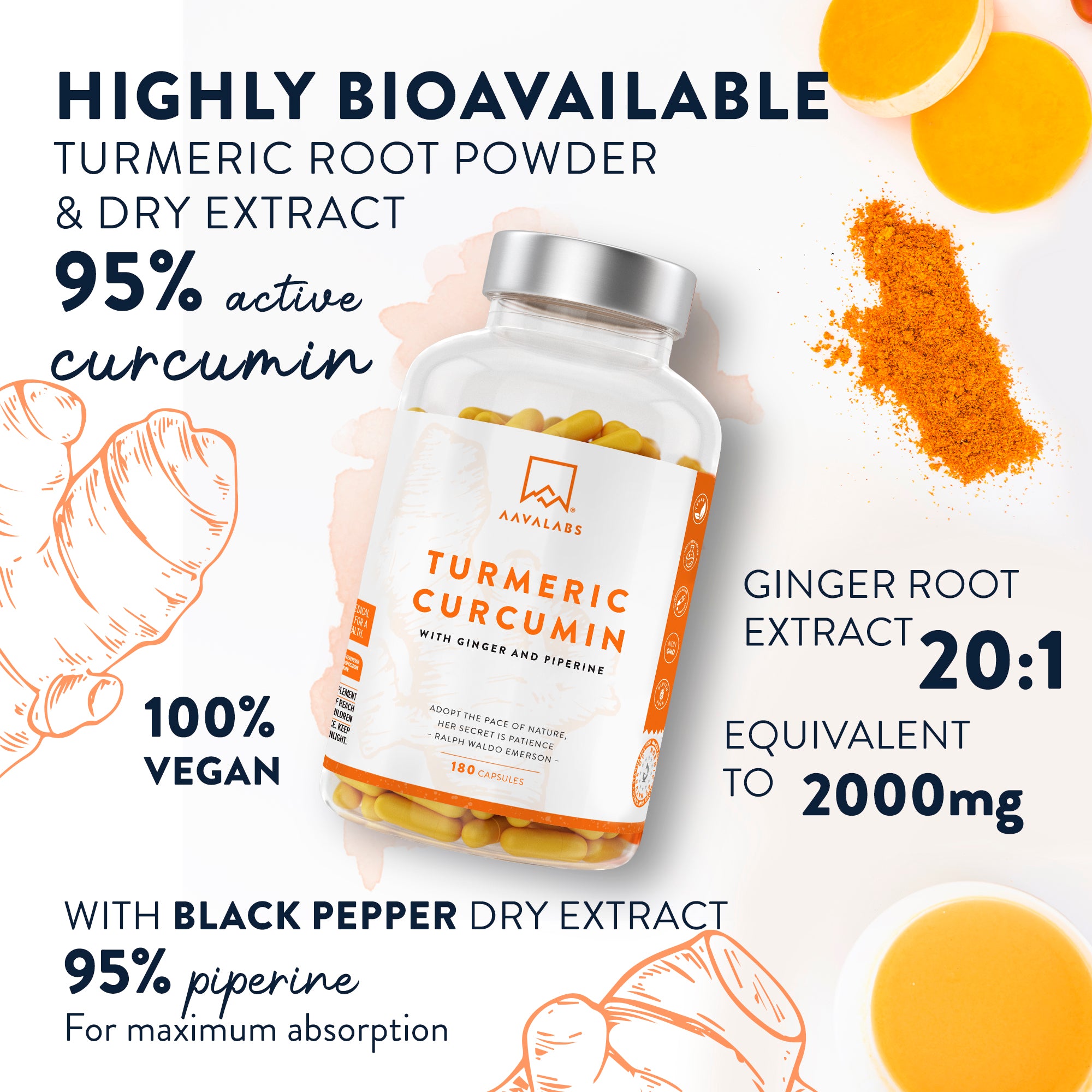 Detailed nutritional information of AAVALABS Turmeric Curcumin, highlighting turmeric root powder, curcumin extract, and black pepper for optimal potency.