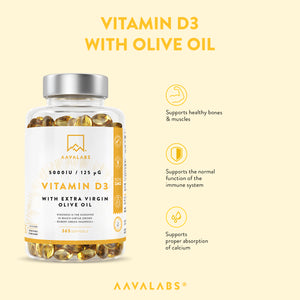 Vitamin D3 with olive oil supports healthy bones, muscles, and immune system - 5000IU - AAVALABS
