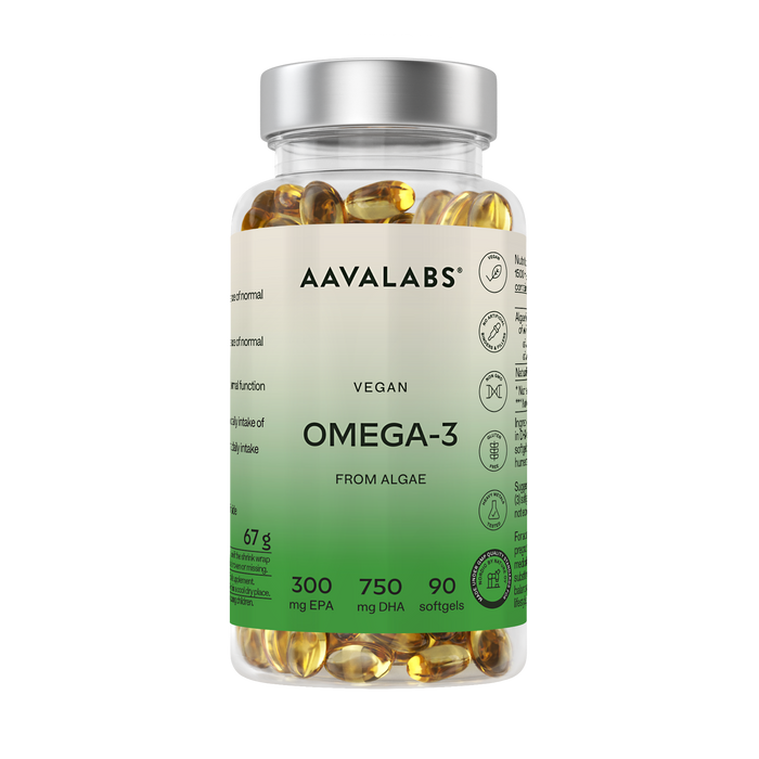 A bottle of AAVALABS Vegan Omega-3 from Algae softgels, featuring a clear bottle filled with yellow softgel capsules, a white and green label, and a metallic silver cap, set against a plain white background.