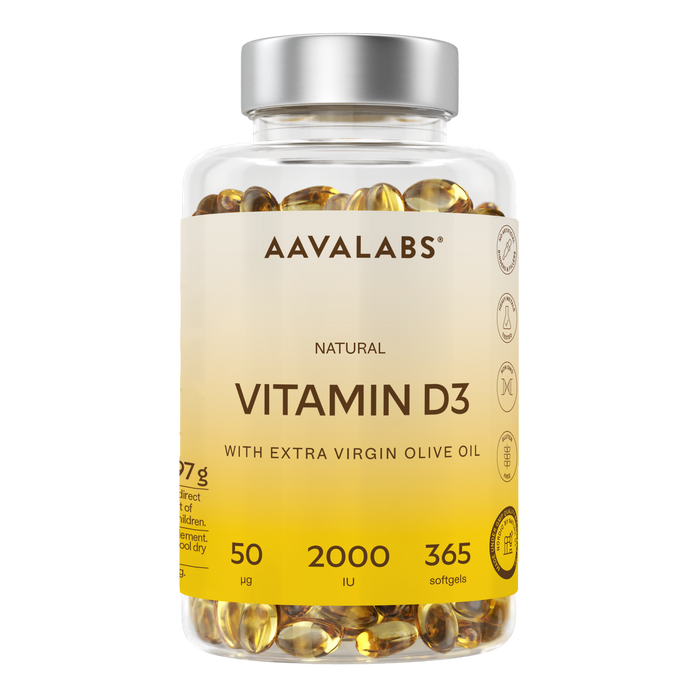 A clear plastic bottle of AAVALABS Natural Vitamin D3 softgels with a silver cap and a beige-to-yellow label, filled with golden-yellow softgels, on a solid white background.
