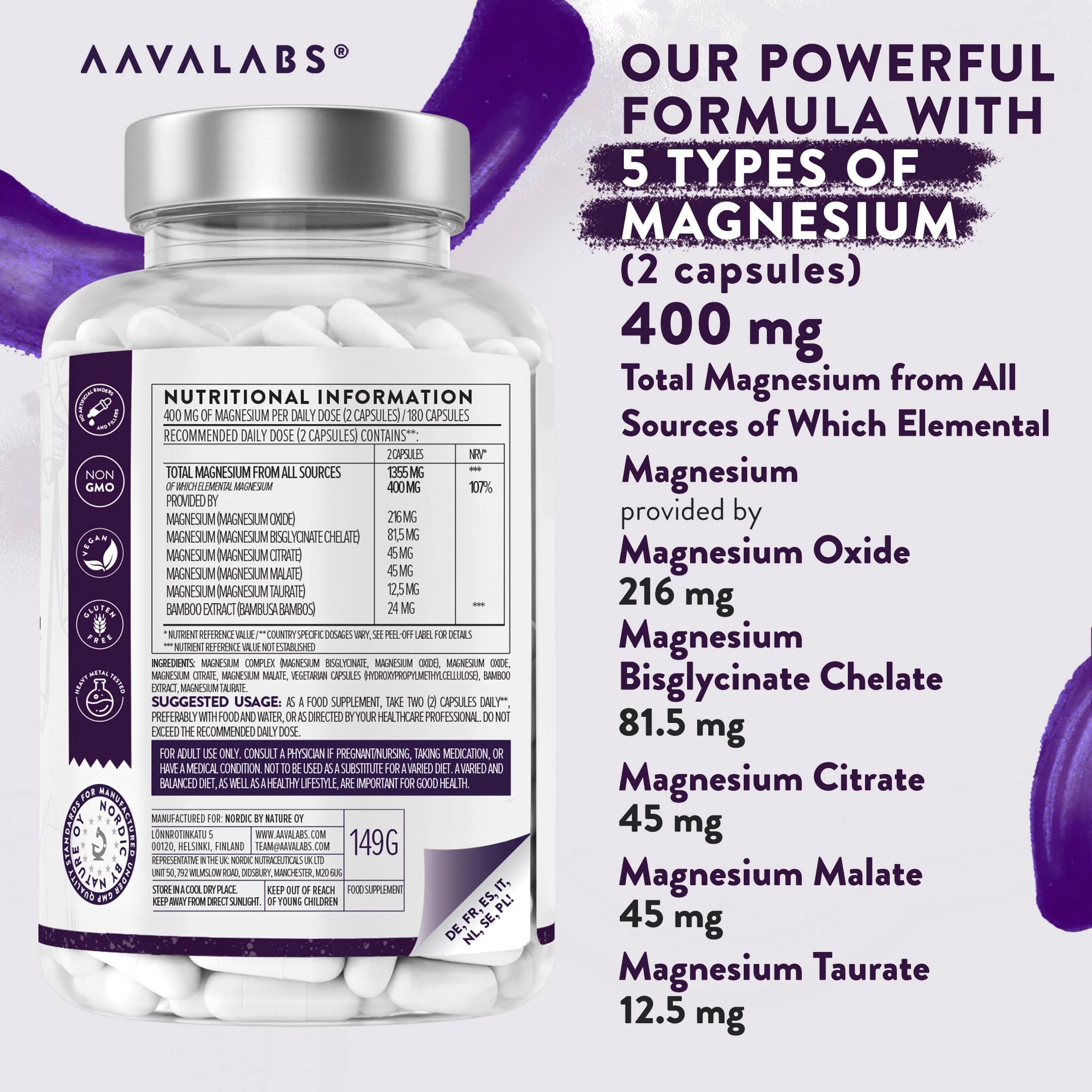 Nutritional breakdown of AAVALABS Premium Magnesium Complex, featuring 5 magnesium types, including oxide, citrate, and bisglycinate, delivering 400mg of elemental magnesium per 2-capsule dose