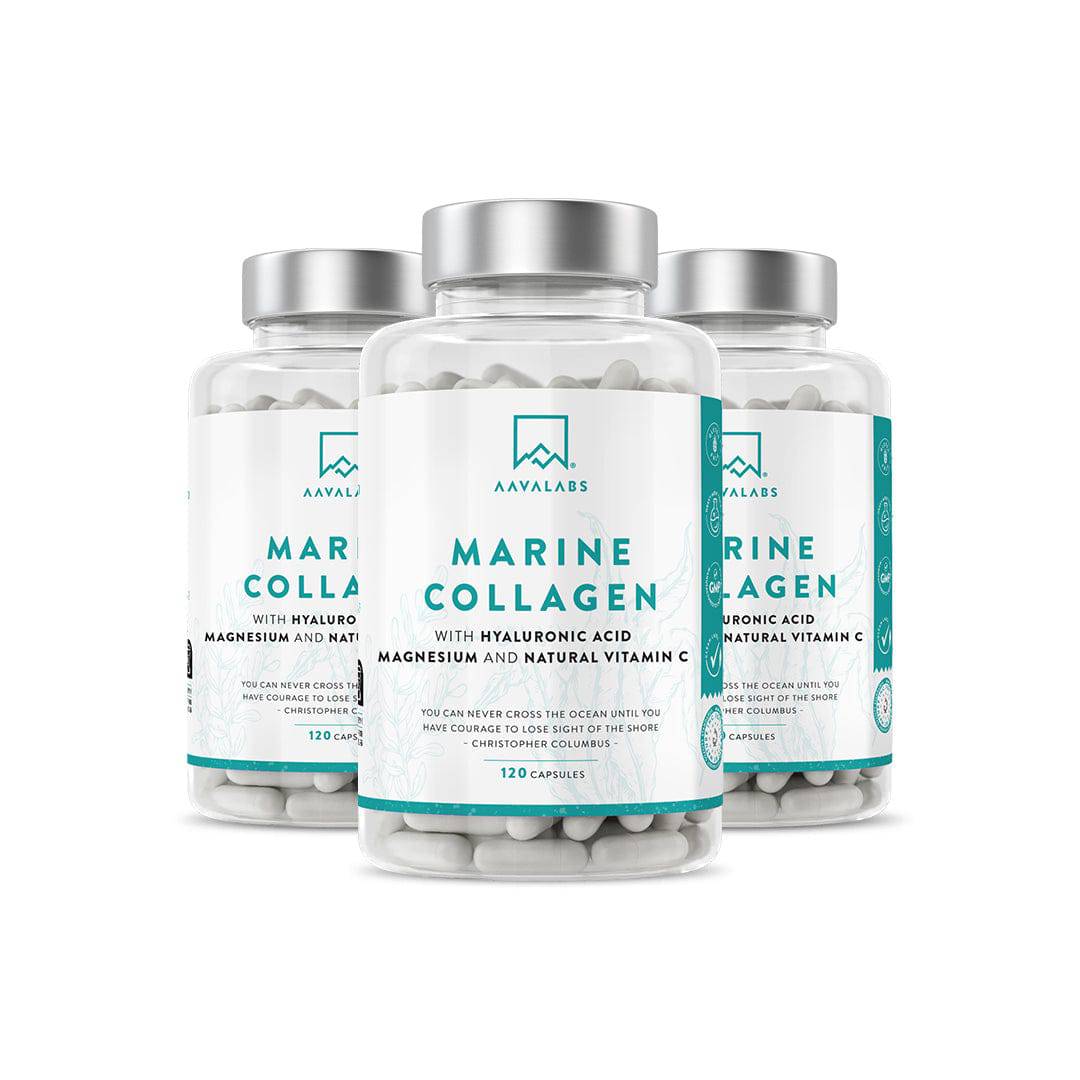 Three bottles of marine collagen with hyaluronic acid, magnesium, and natural vitamin C - AAVALABS