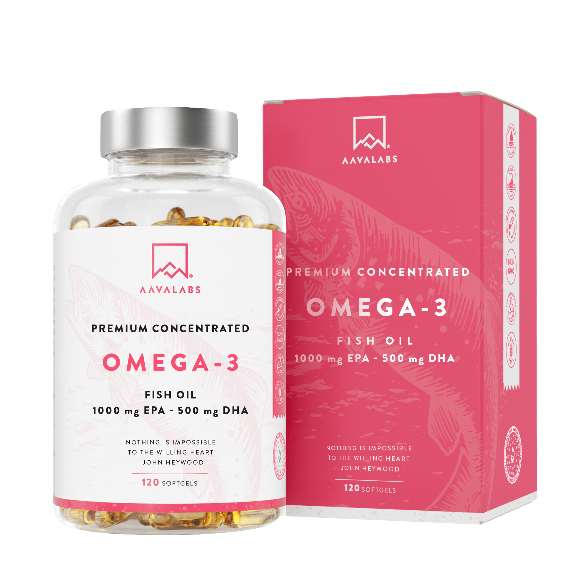 Omega 3 Fish Oil bottle with supplement - AAVALABS