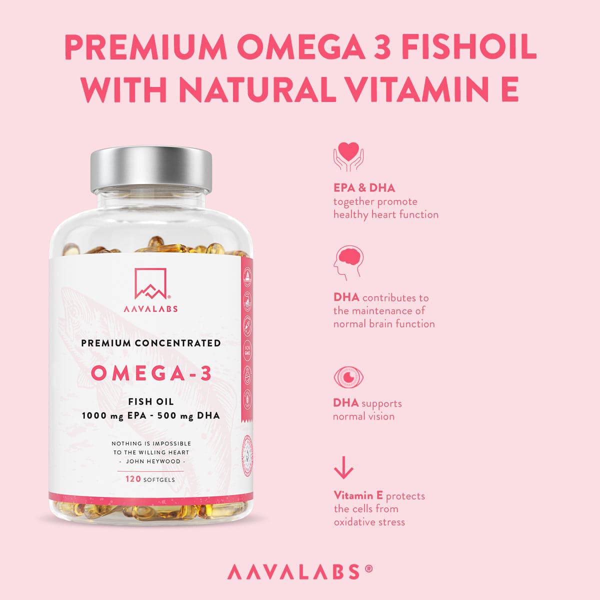 Omega 3 Fish Oil bottle with supplement benefits listed - AAVALABS