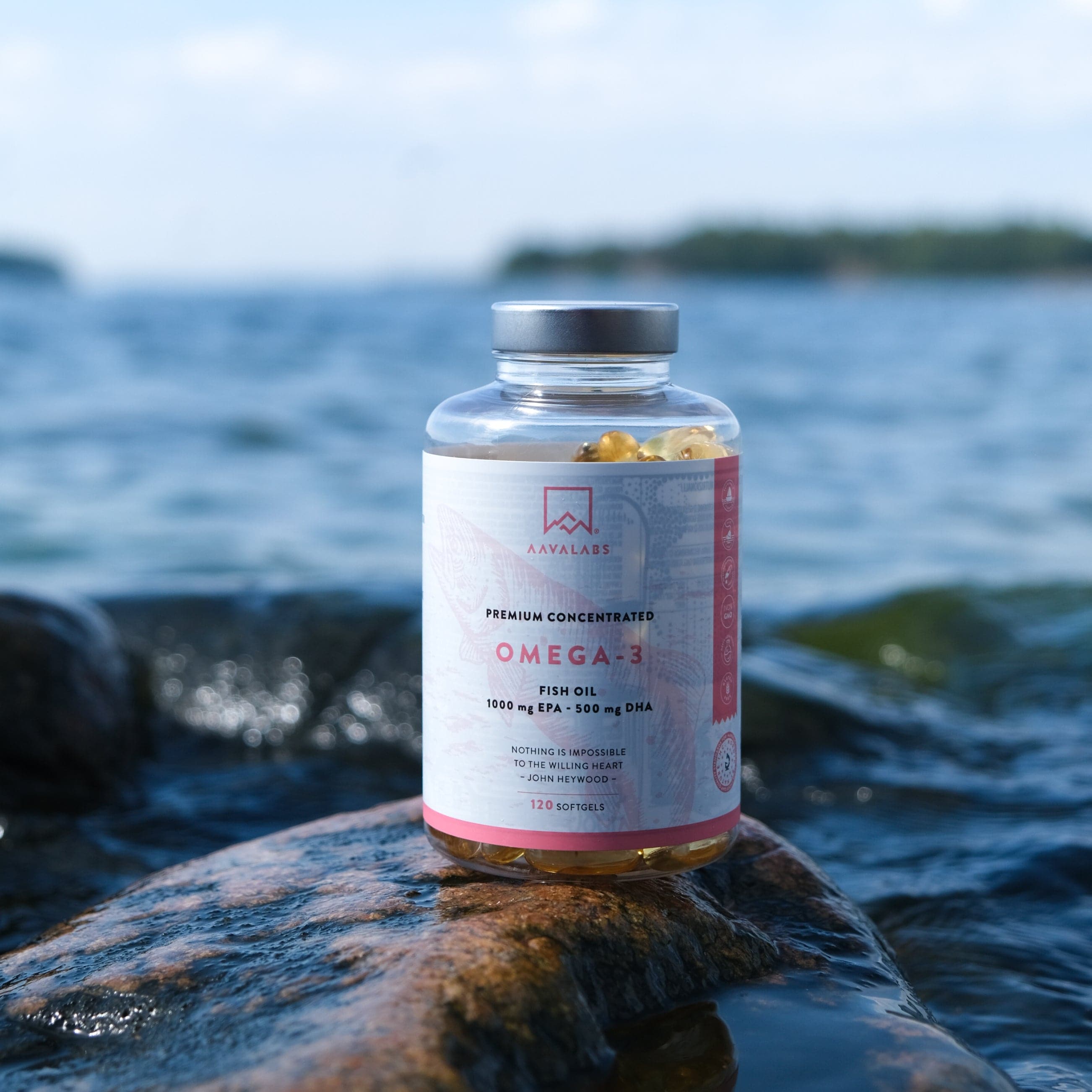 Omega 3 Fish Oil with sea background 