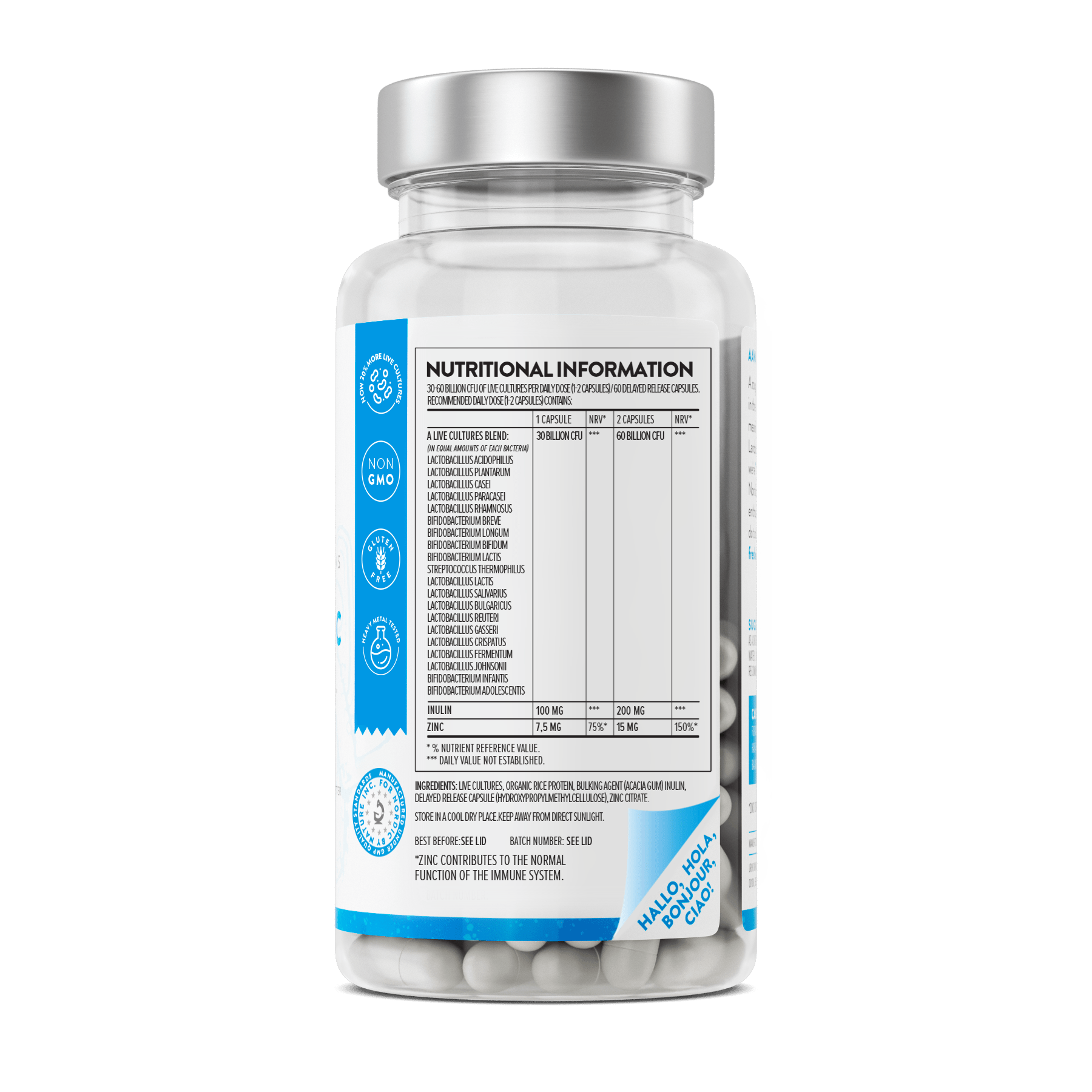 AAVALABS Probiolac Probiotic bottle with infographic details - AAVALABS