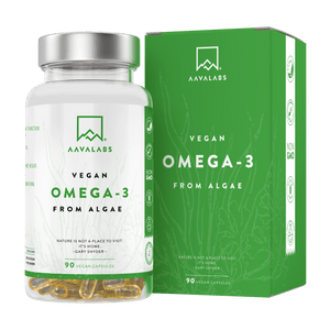 Vegan Omega 3 bottle with features: supports brain function, vision, and heart health