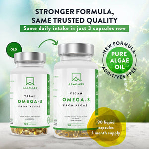 Comparison of old and new Vegan Omega 3 bottles, highlighting pure algae oil formula