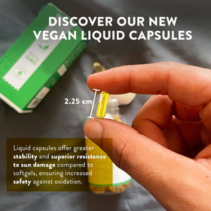 Hand holding a capsule of Vegan Omega 3, emphasizing stability - AAVALABS