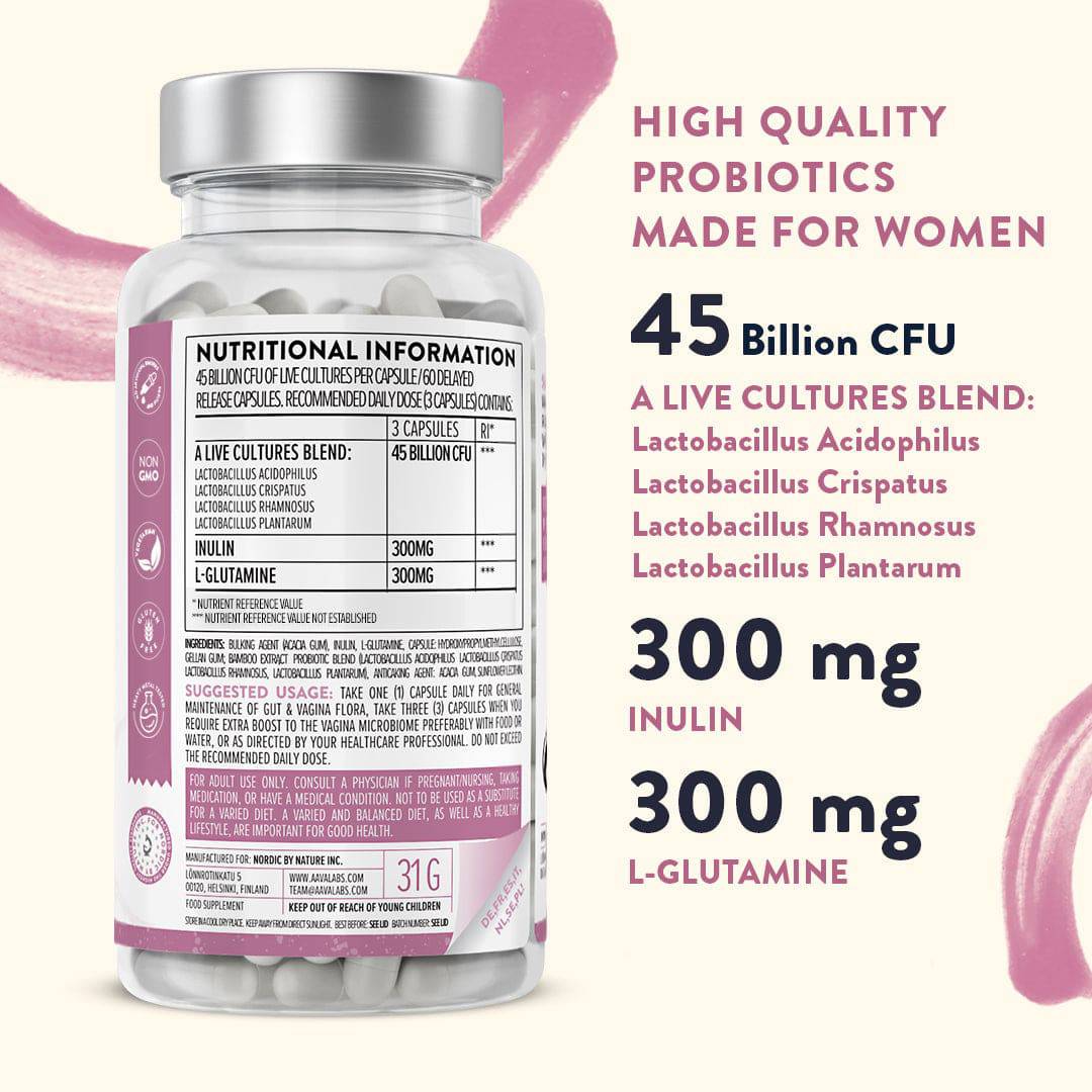 Women Probiolac Probiotic bottle with benefits listed  - AAVALABS