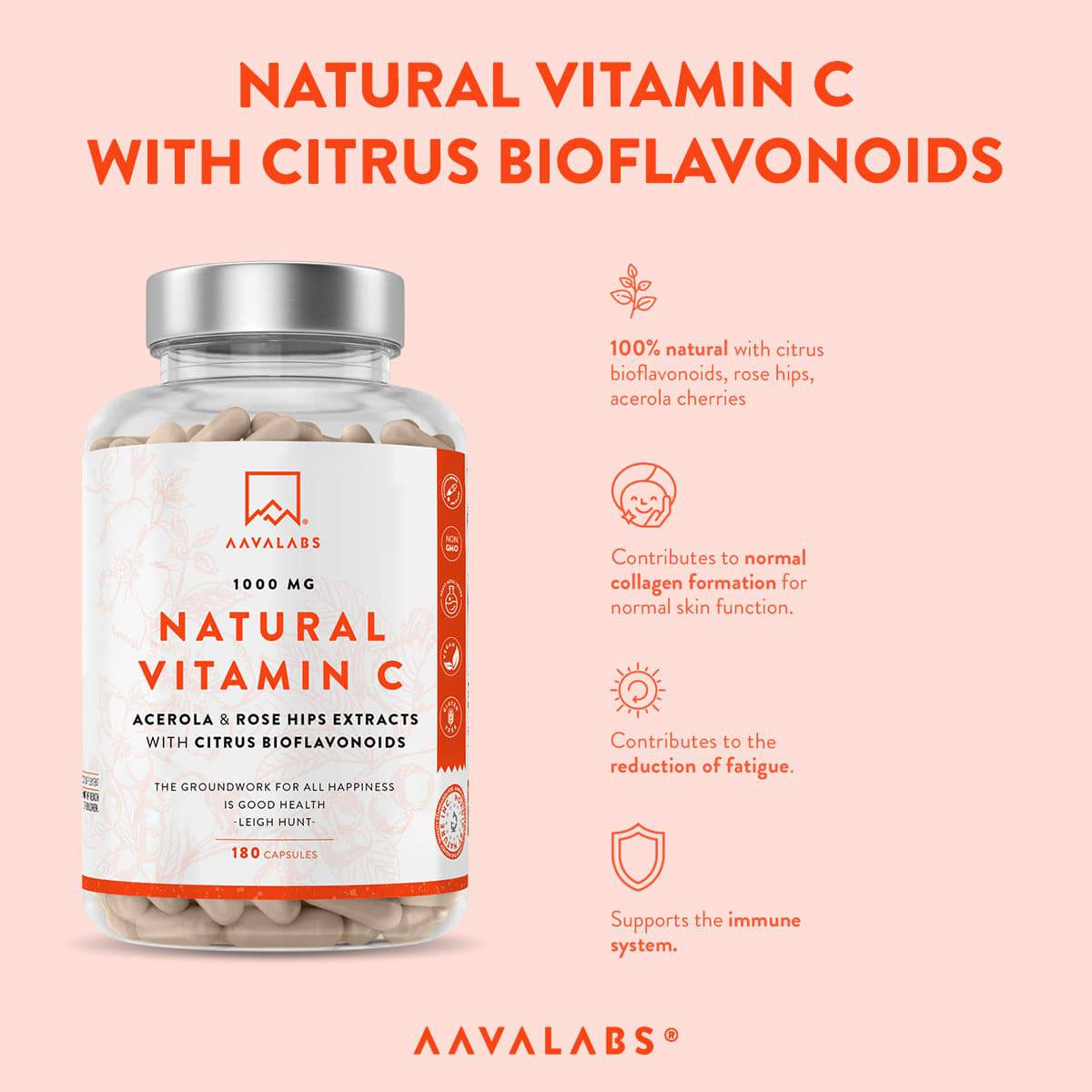 Back of AAVALABS Natural Vitamin C bottle showing nutritional information, part of the Energy Bundle