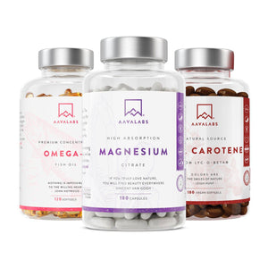 Three supplement bottles: Omega-3 fish oil, Magnesium Citrate, and Beta Carotene - AAVALABS