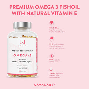 AAVALABS Omega 3 Fish Oil bottle with benefits listed, part of the Eyes Support Bundle