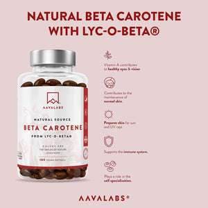 AAVALABS Beta Carotene bottle with benefits listed, part of the Eyes Support Bundle