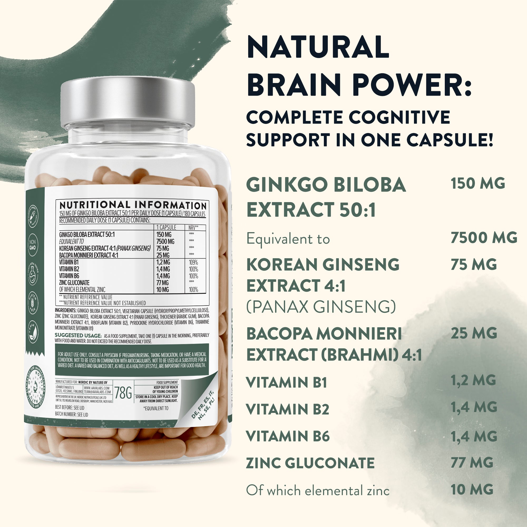 Focus Bundle Ginkgo Biloba with nootropic botanicals bottle shown from the back, highlighting the ingredient list and extract details – Aavalabs